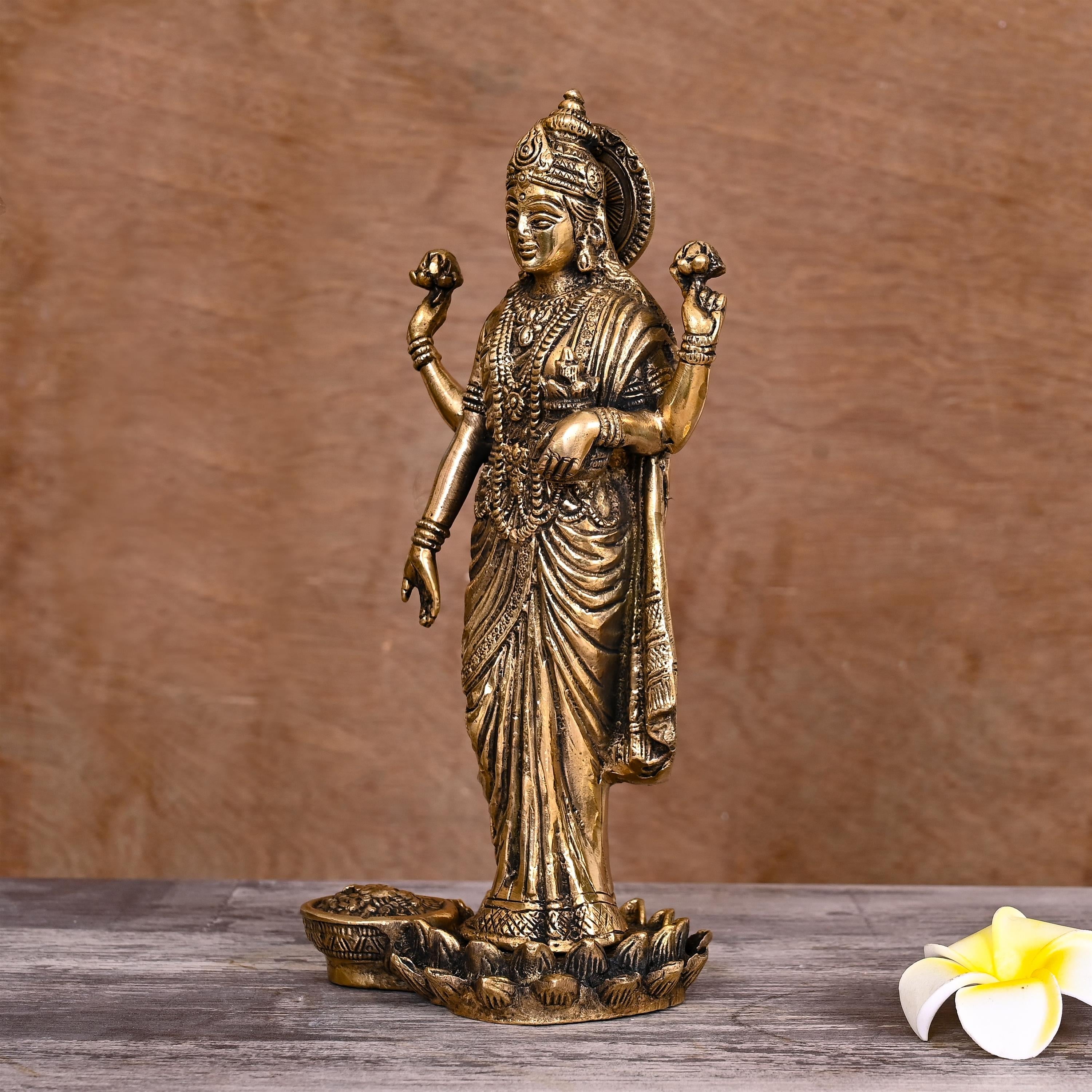 Brass Goddess Standing Lakshmi Idol on lotus (10 Inch) Vedansh Craft