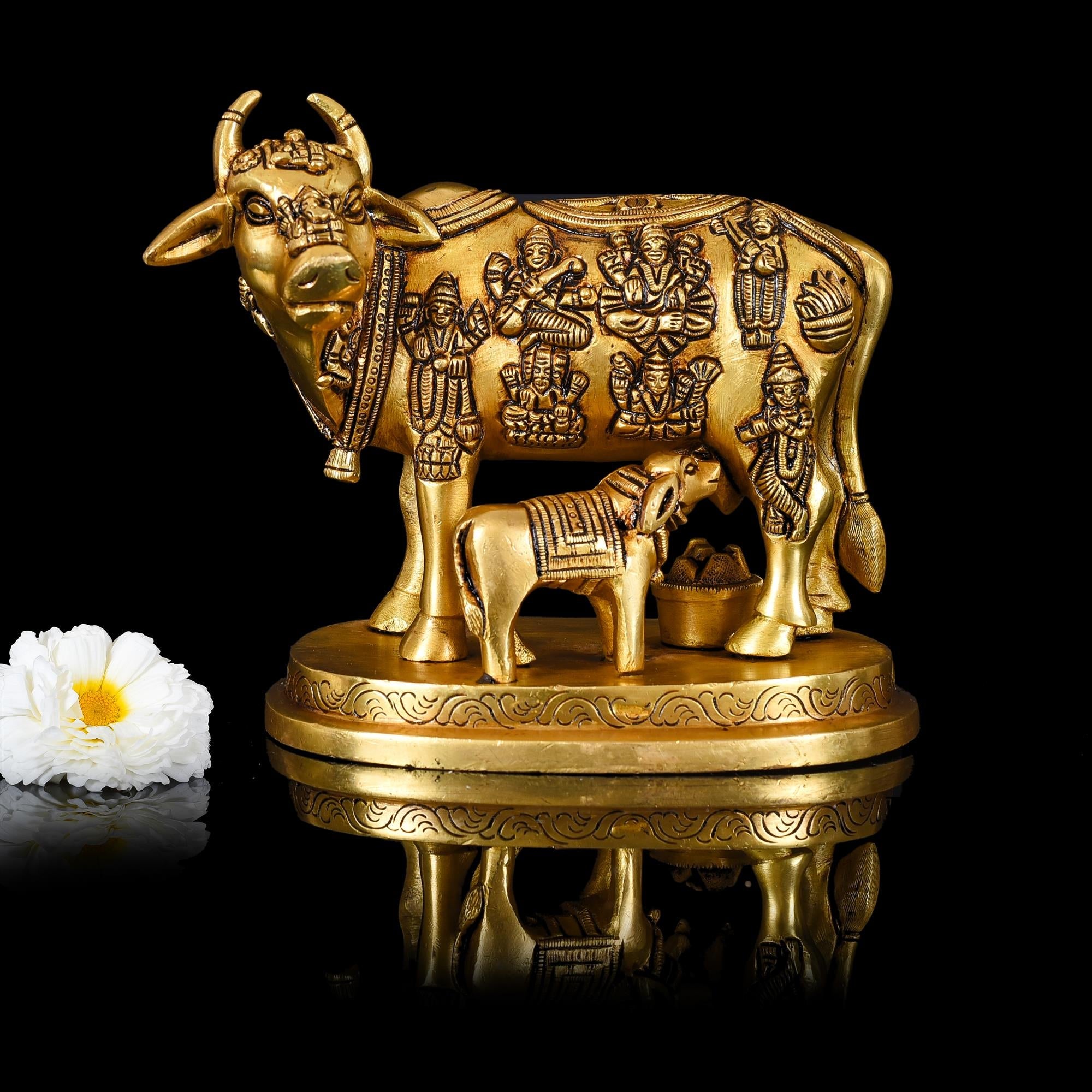 Brass Kamdhenu Cow With Calf Idol (5 Inch) Vedansh Craft