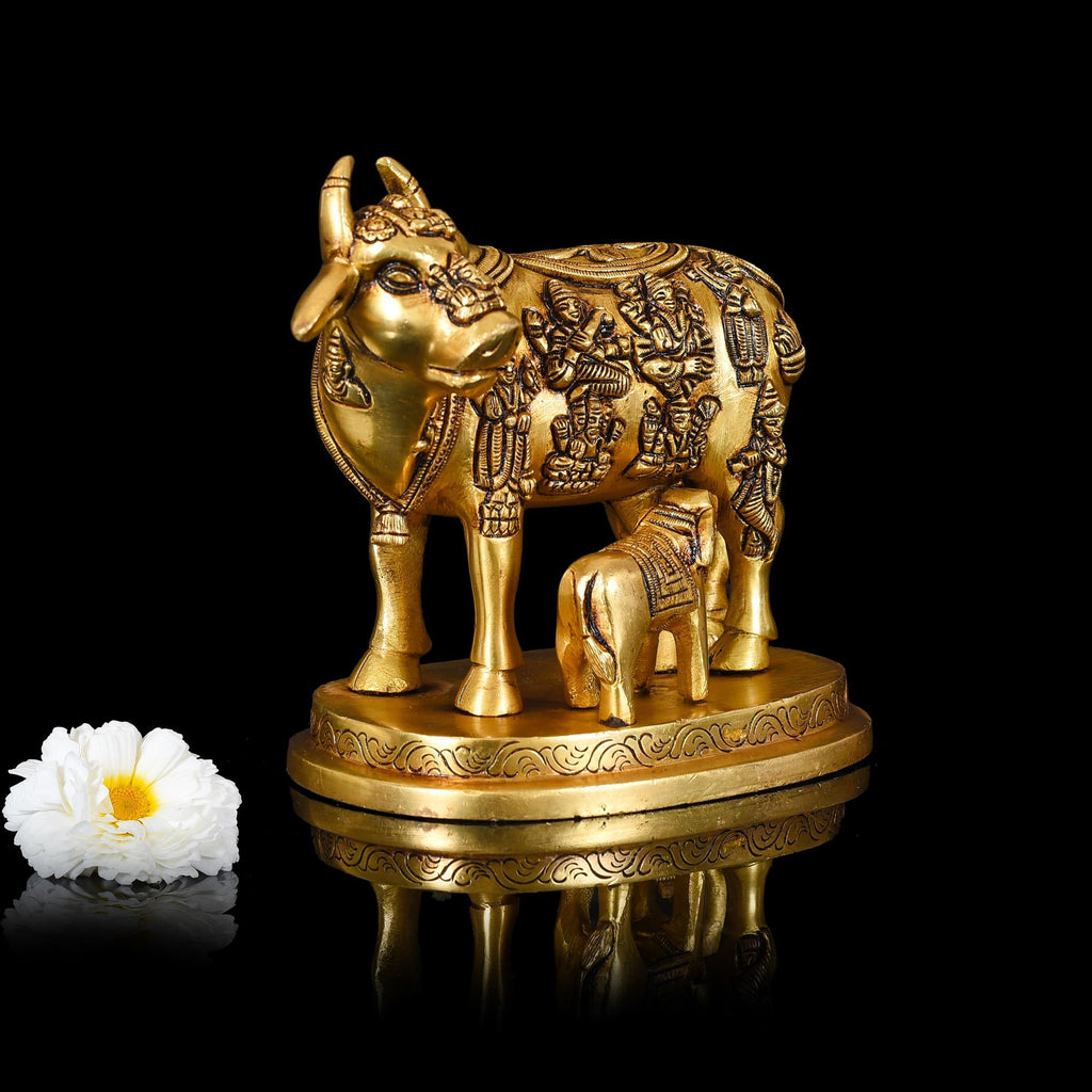 Brass Kamdhenu Cow With Calf Idol (5 Inch) Vedansh Craft