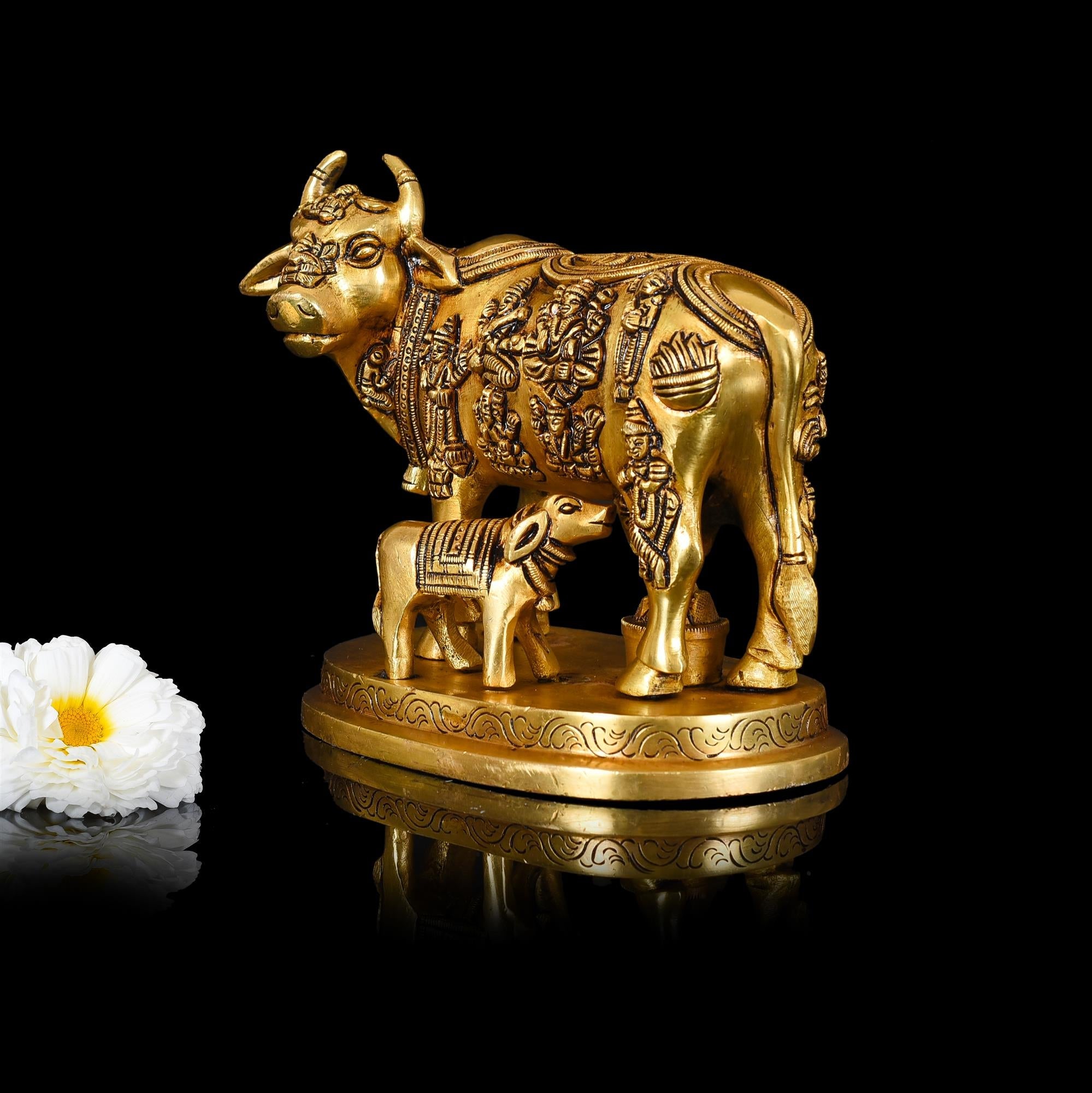 Brass Kamdhenu Cow With Calf Idol (5 Inch) Vedansh Craft