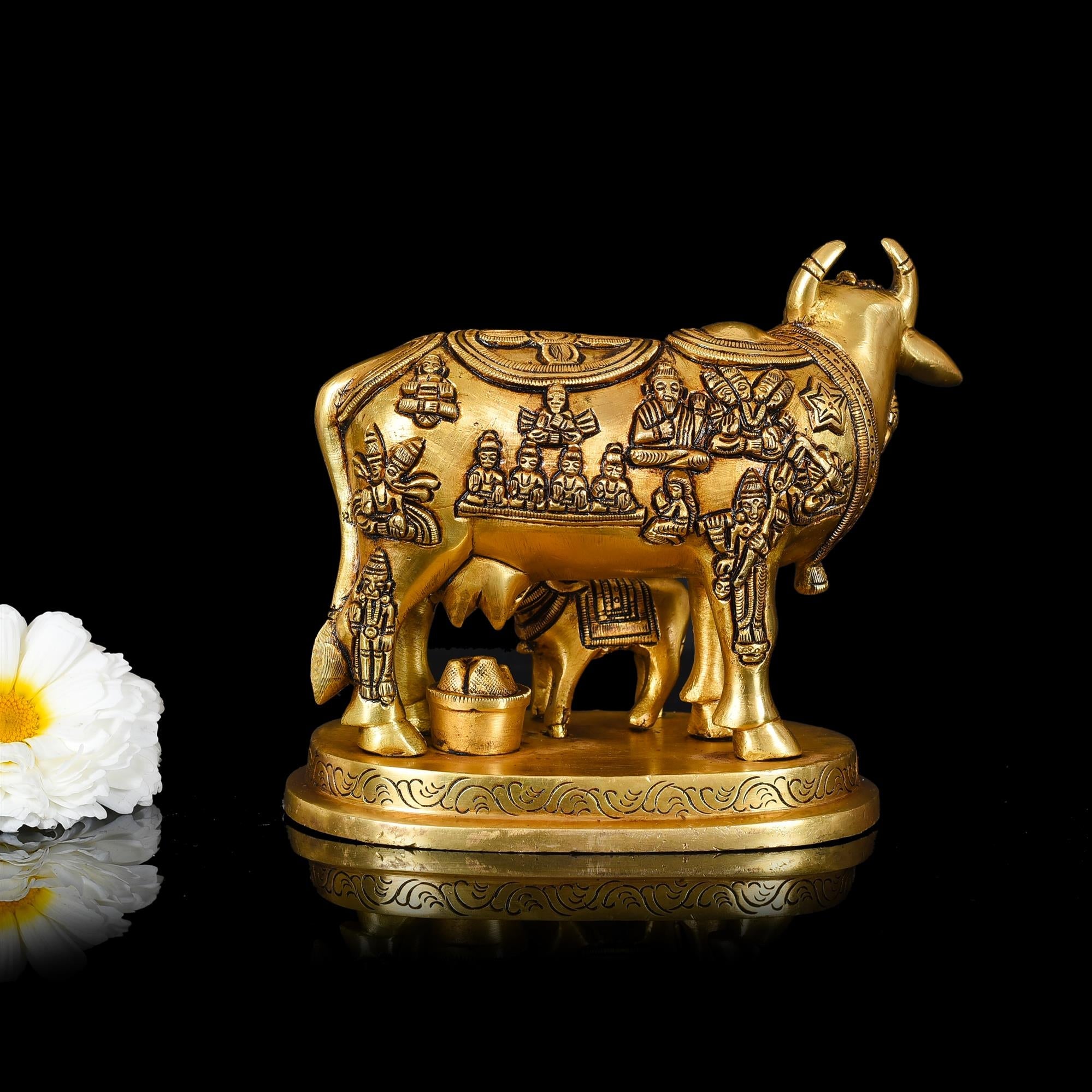 Brass Kamdhenu Cow With Calf Idol (5 Inch) Vedansh Craft