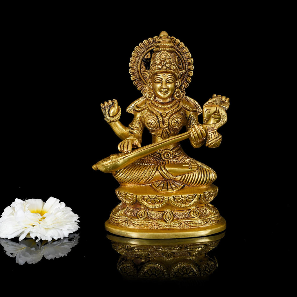 Brass Goddess Sitting Saraswati Idol (7 Inch) Vedansh Craft