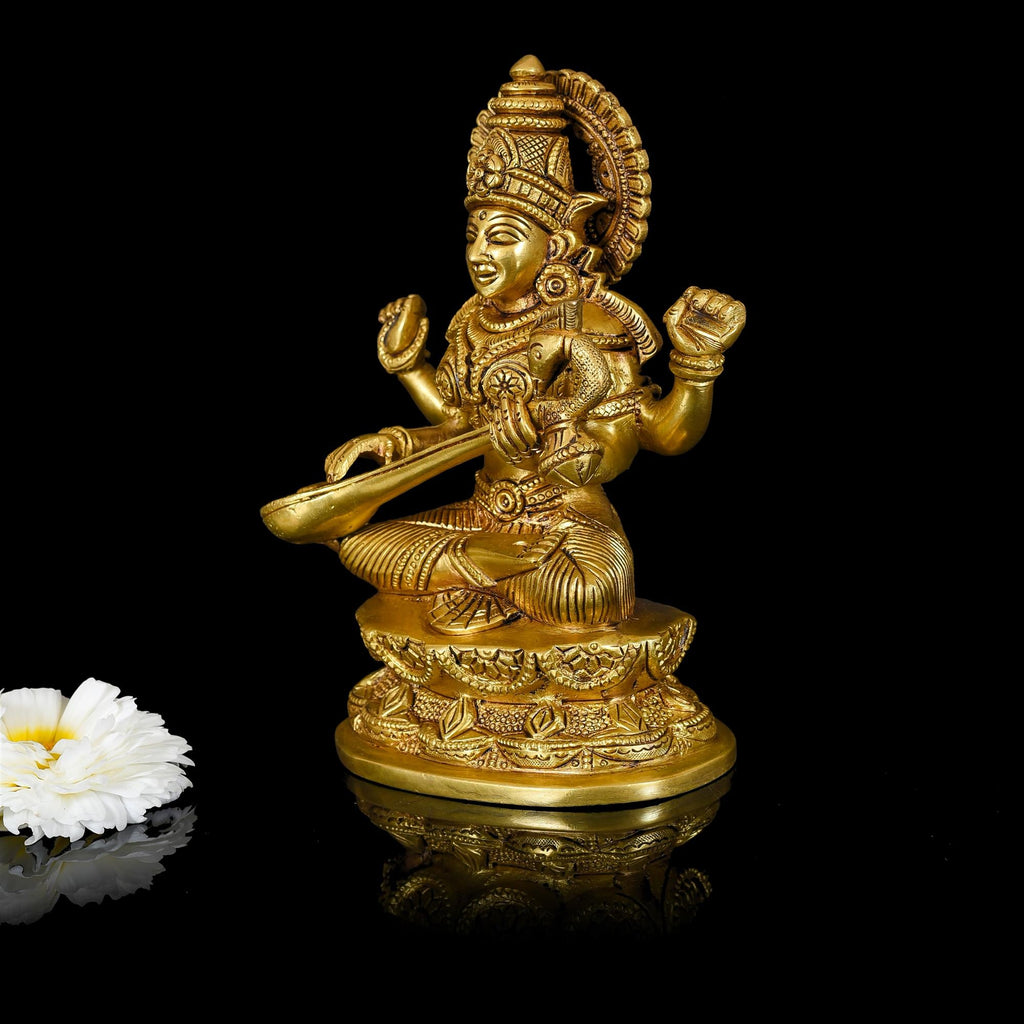 Brass Goddess Sitting Saraswati Idol (7 Inch) Vedansh Craft