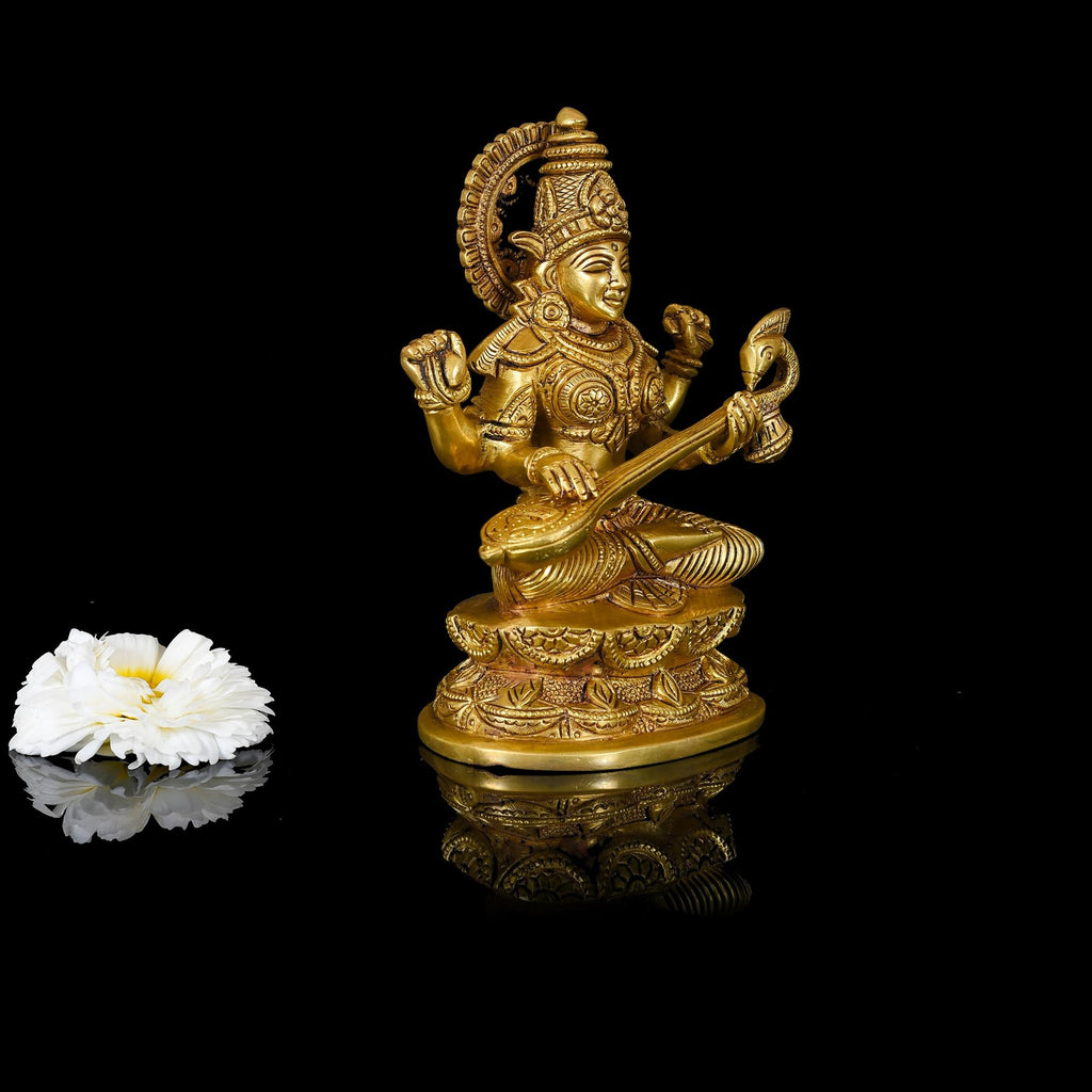 Brass Goddess Sitting Saraswati Idol (7 Inch) Vedansh Craft