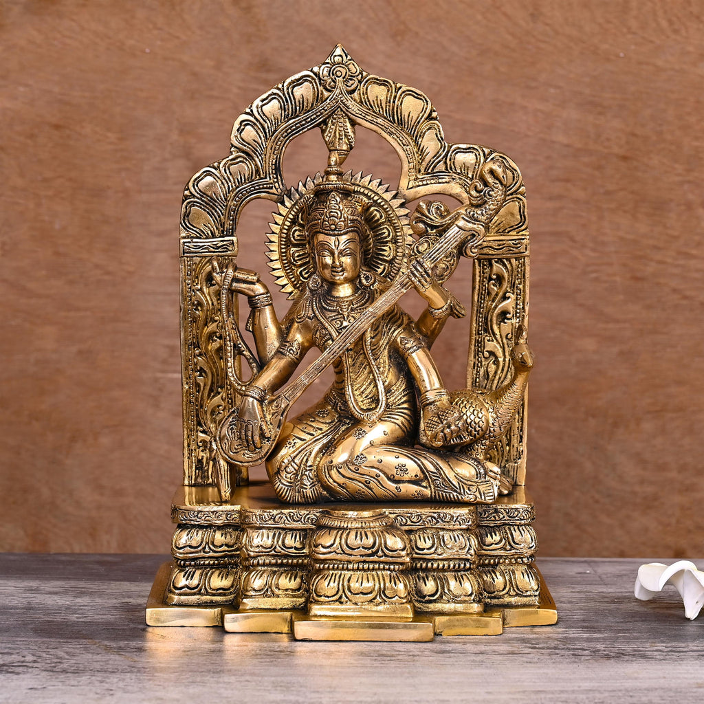 Brass Goddess Sitting Saraswati On Throne Statue (11 Inch) Vedansh Craft