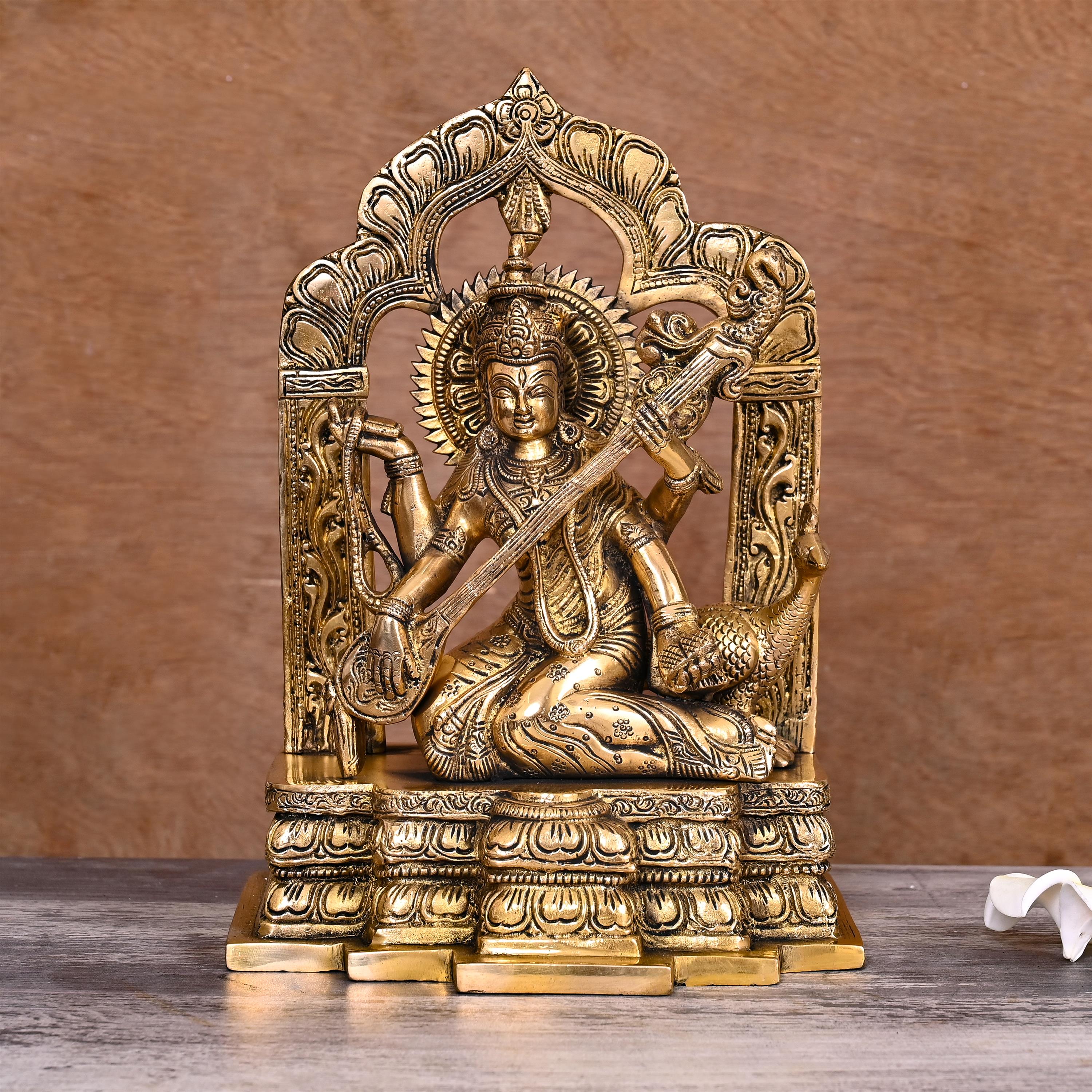 Brass Goddess Sitting Saraswati On Throne Statue (11 Inch) Vedansh Craft