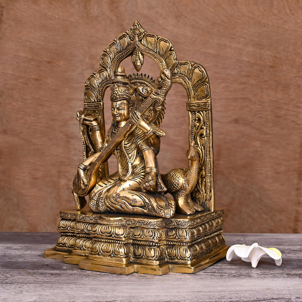 Brass Goddess Sitting Saraswati On Throne Statue (11 Inch) Vedansh Craft
