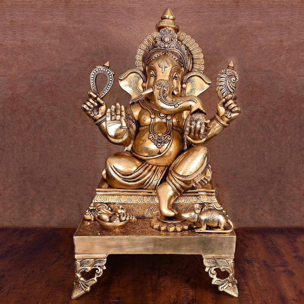 Brass Superfine Chowki Sitting Ganesha Statue (26 Inch) Vedansh Craft