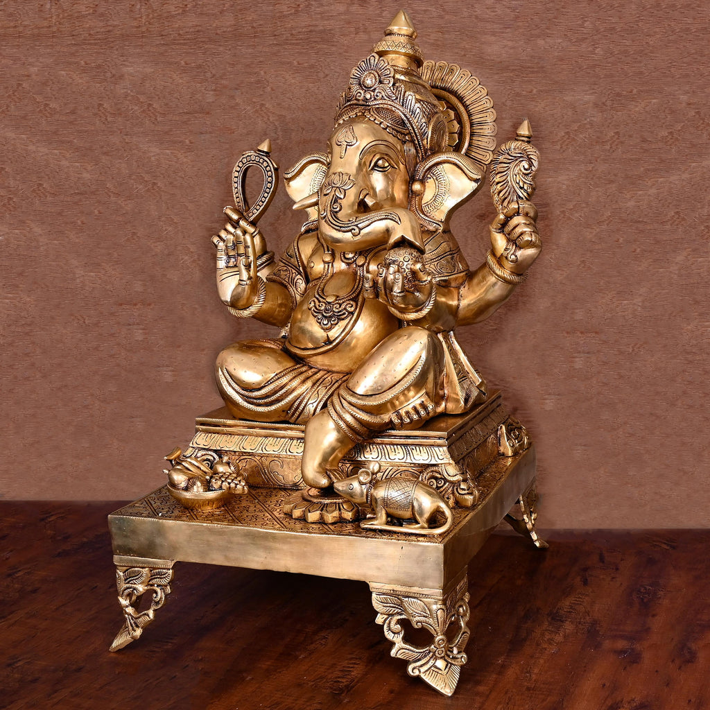 Brass Superfine Chowki Sitting Ganesha Statue (26 Inch) Vedansh Craft