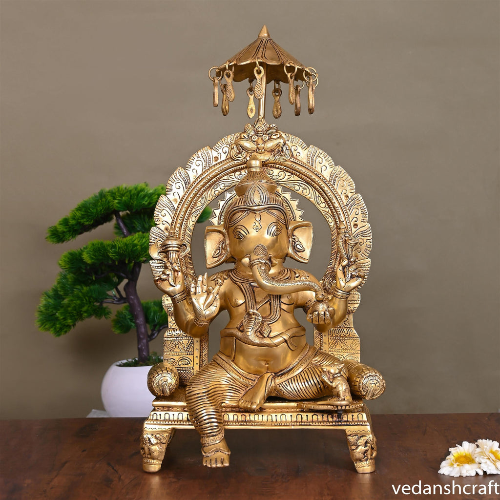 Brass Sitting Ganesha On Throne Idol (19.5 Inch) Vedansh Craft