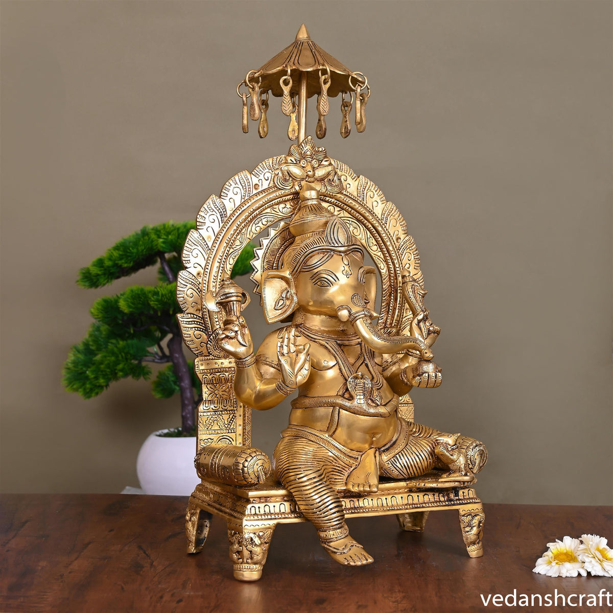 Brass Sitting Ganesha On Throne Idol (19.5 Inch) Vedansh Craft