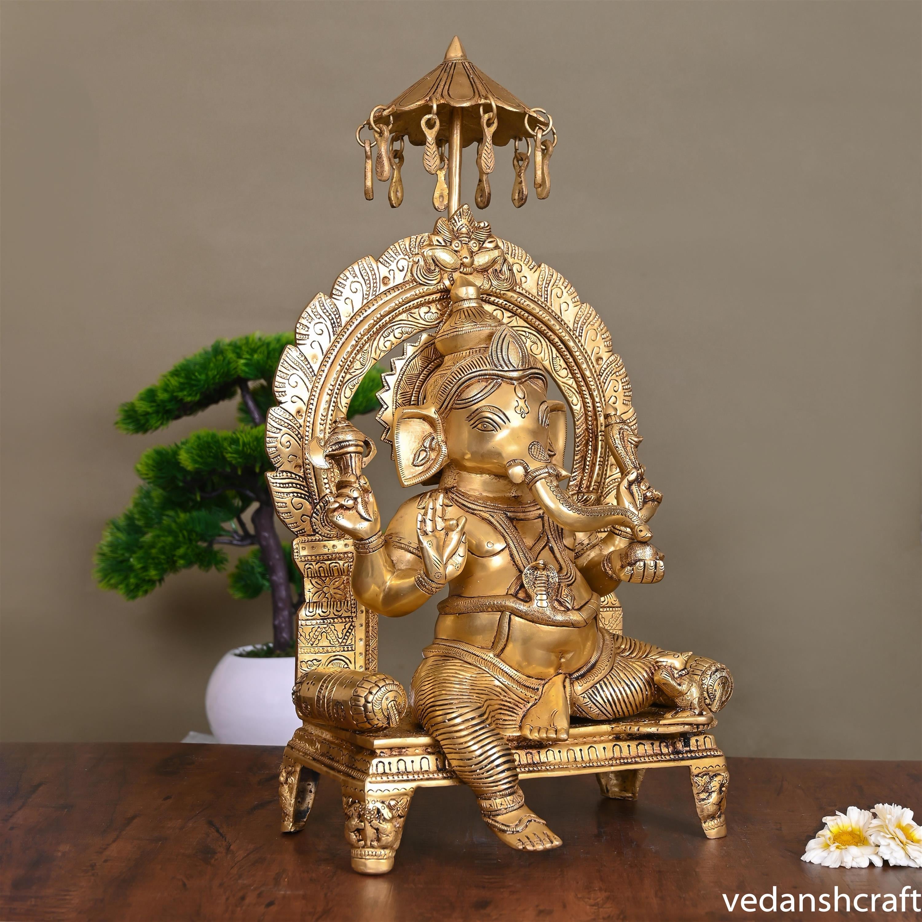 Brass Sitting Ganesha On Throne Idol (19.5 Inch) Vedansh Craft