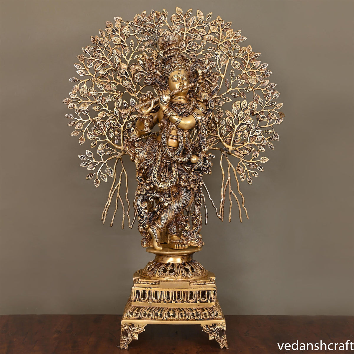 Brass Standing Lord Krishna Statue With Tree (36") Vedansh Craft