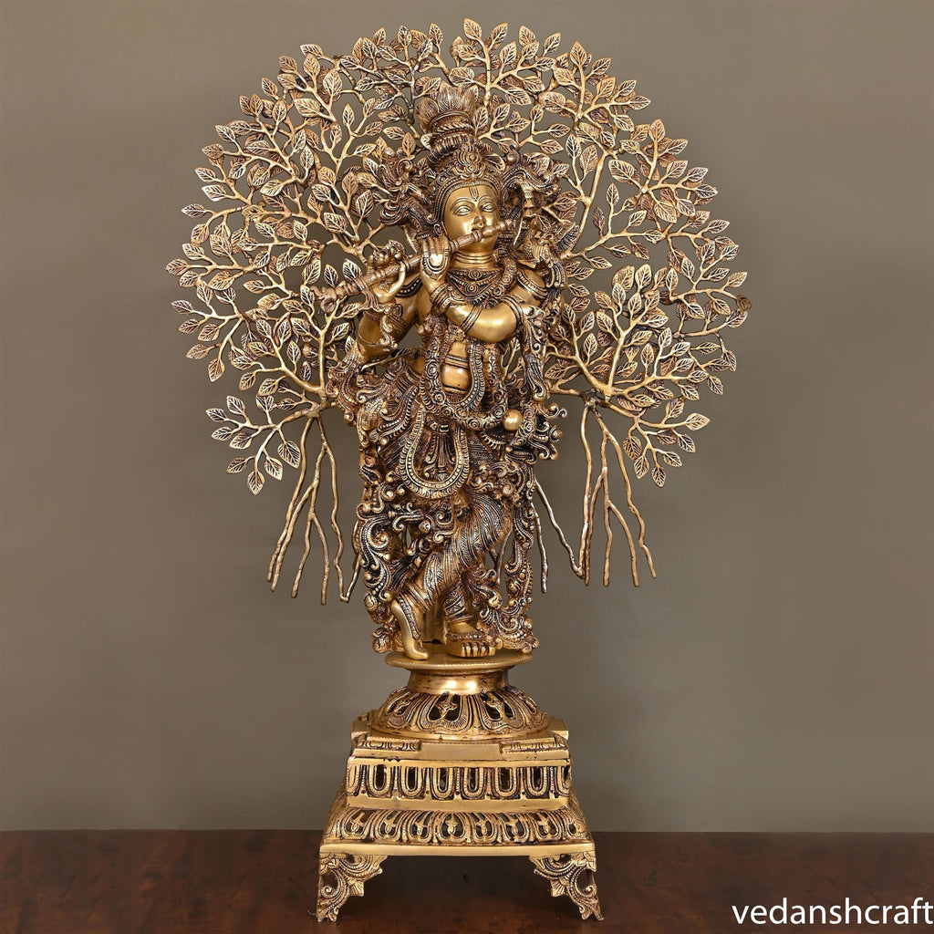 Brass Standing Lord Krishna Statue With Tree (36") Vedansh Craft