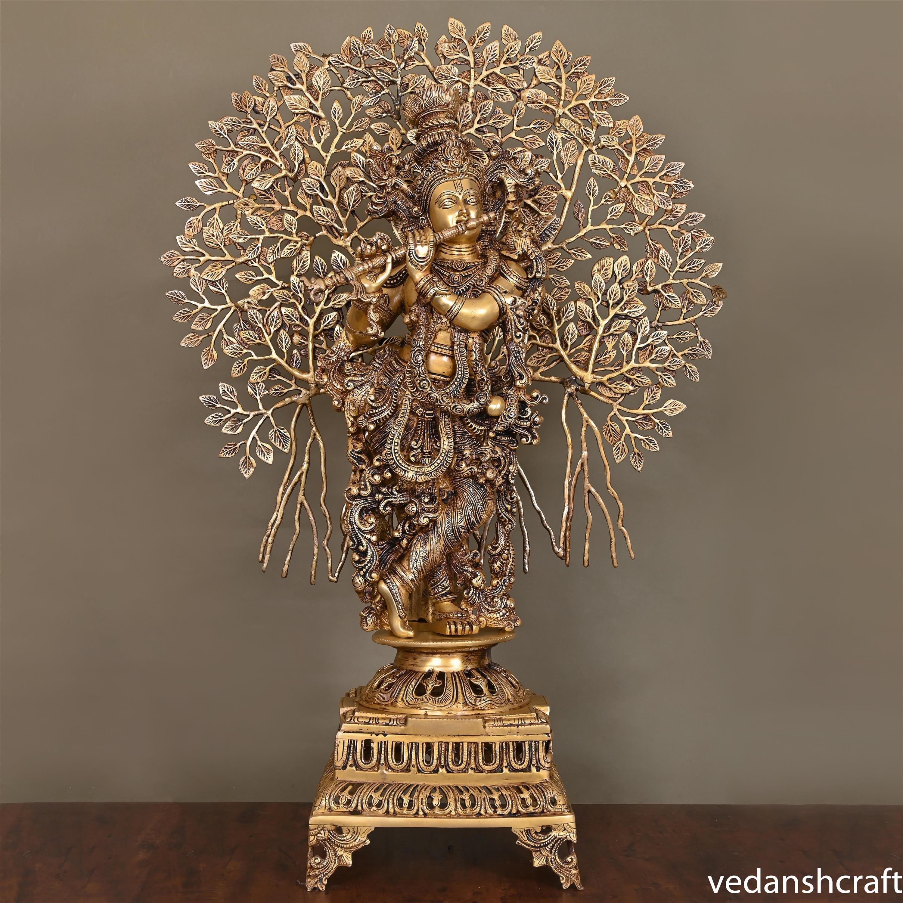 Brass Standing Lord Krishna Statue With Tree (36") Vedansh Craft