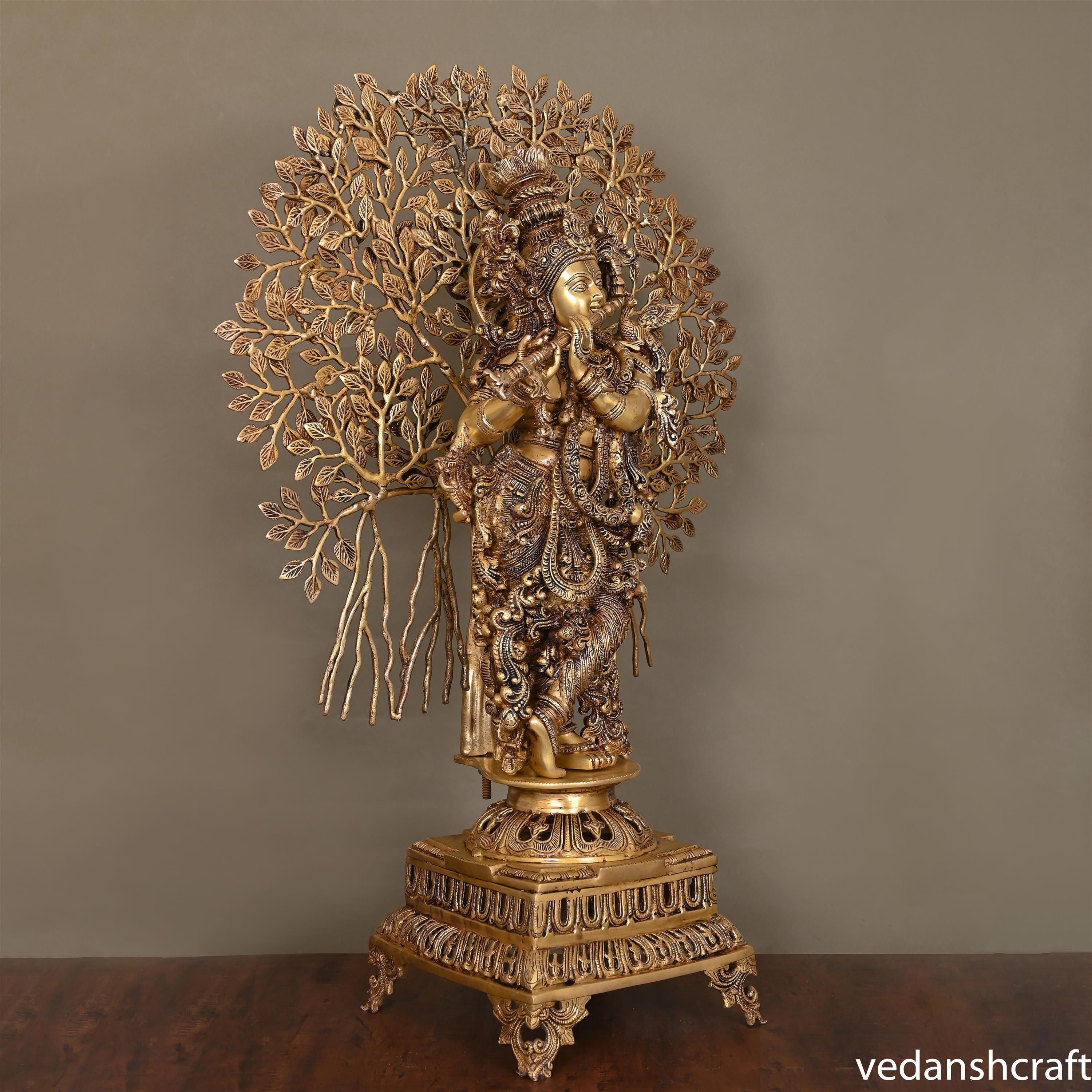 Brass Standing Lord Krishna Statue With Tree (36") Vedansh Craft