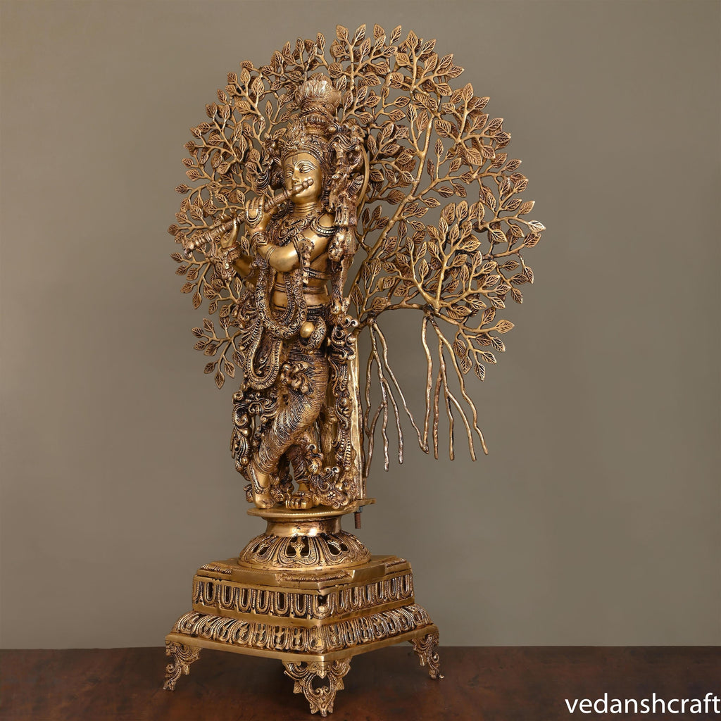 Brass Standing Lord Krishna Statue With Tree (36") Vedansh Craft