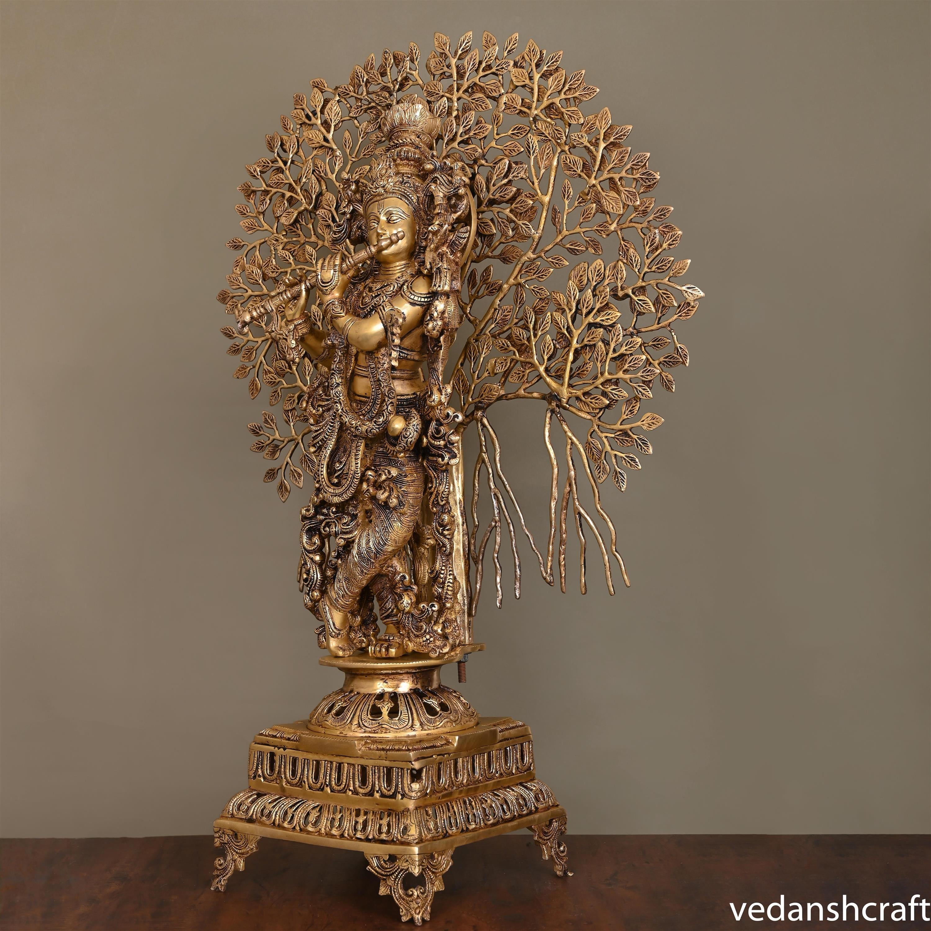 Brass Standing Lord Krishna Statue With Tree (36") Vedansh Craft
