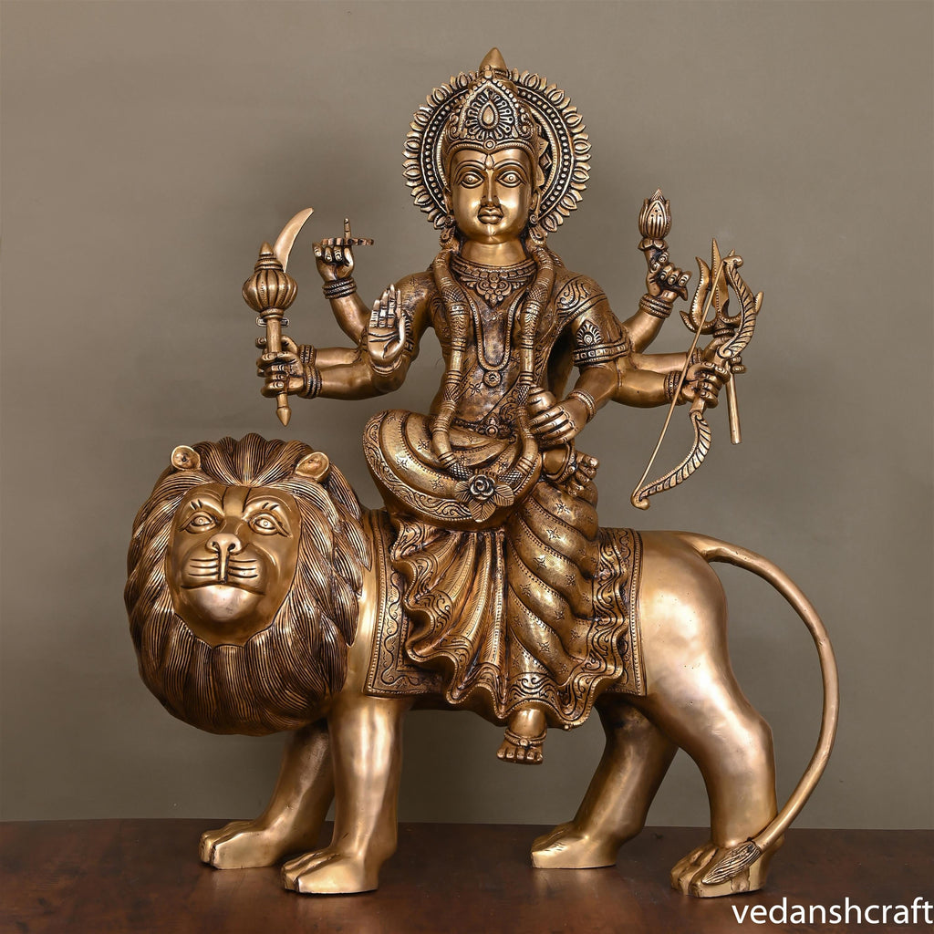 Brass Goddess Durga Sitting On Lion Superfine Idol (24.5 Inch) Vedansh Craft