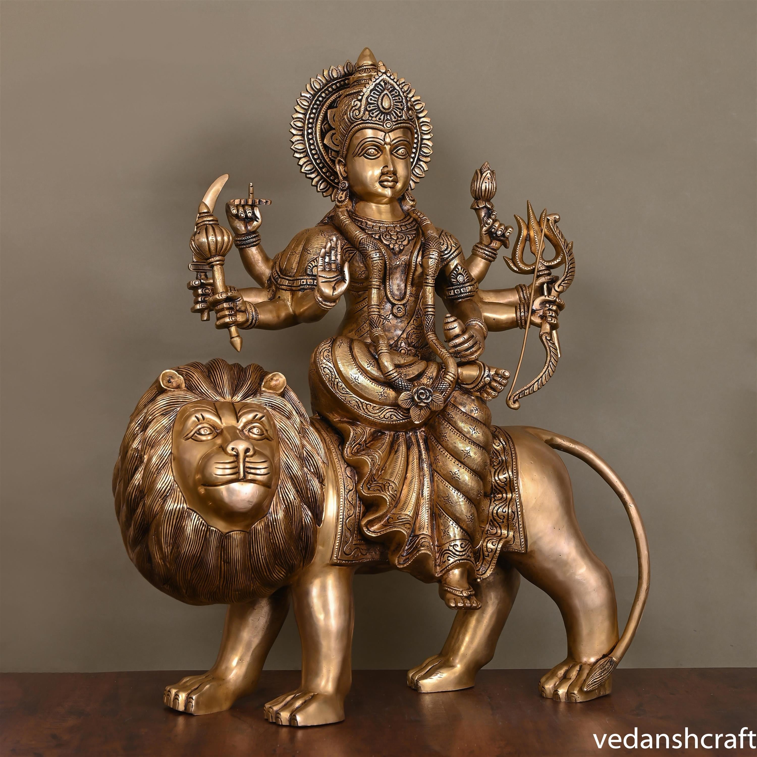 Brass Goddess Durga Sitting On Lion Superfine Idol (24.5 Inch) Vedansh Craft