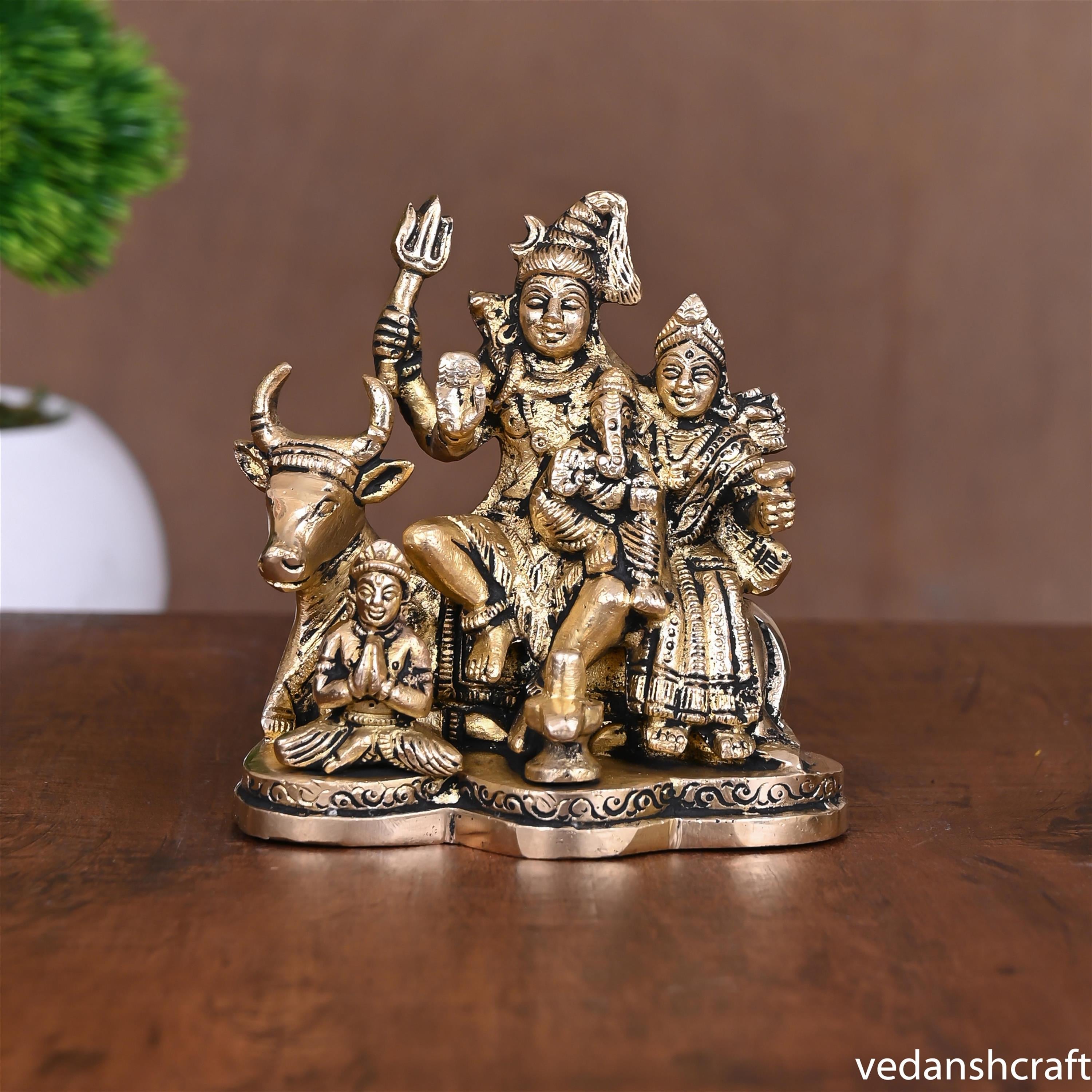 Brass Shiva Family Statue Sitting on Nandi (4.5 Inch) Vedansh Craft