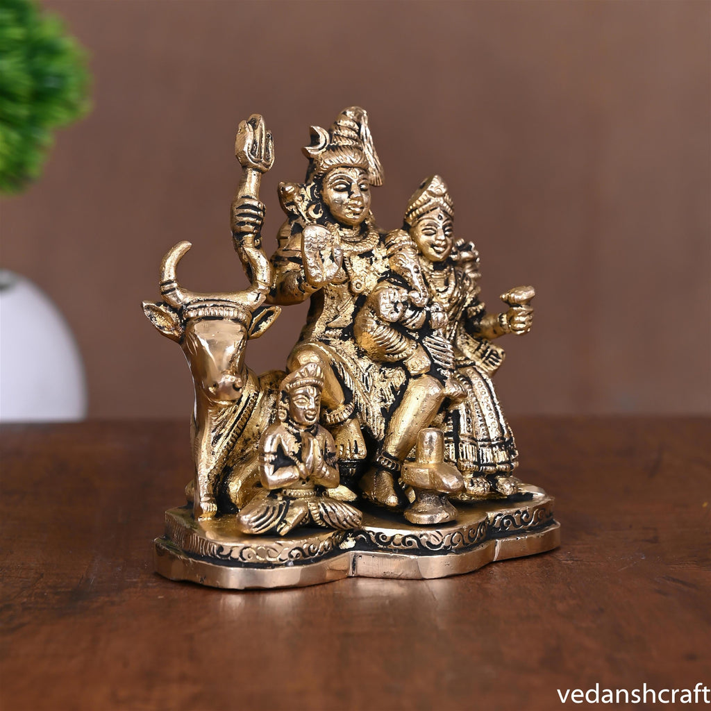 Brass Shiva Family Statue Sitting on Nandi (4.5 Inch) Vedansh Craft
