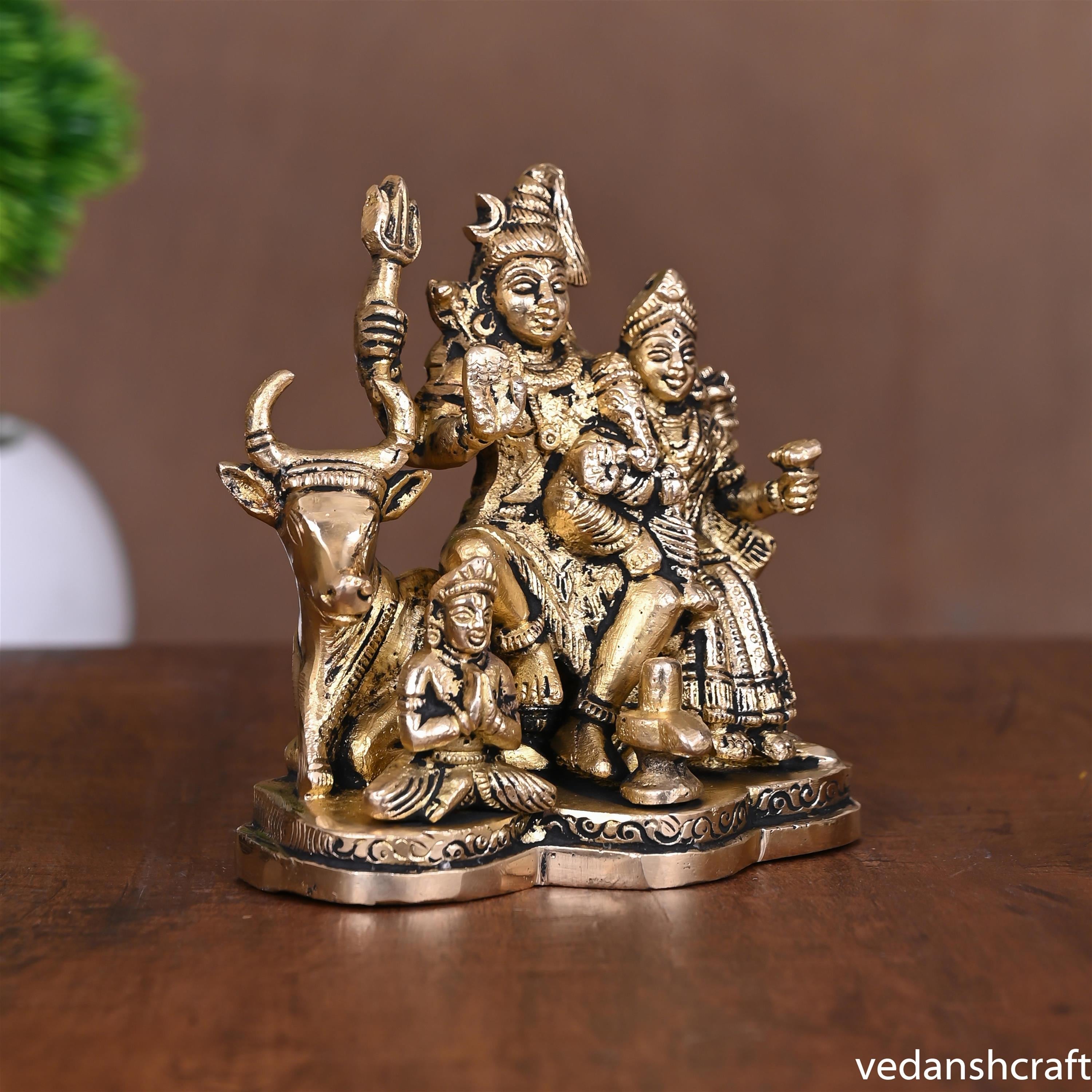 Brass Shiva Family Statue Sitting on Nandi (4.5 Inch) Vedansh Craft