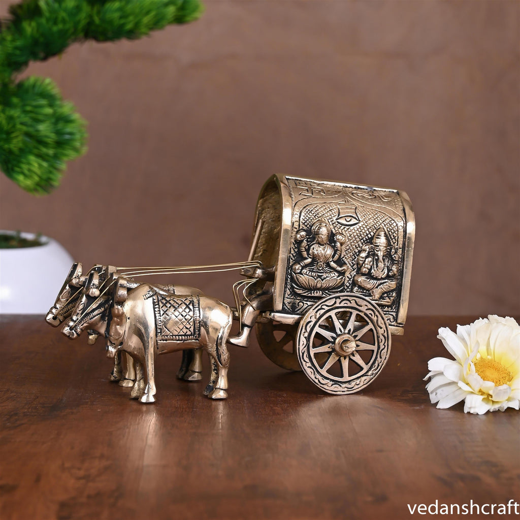 Brass Ganesha Lakshmi Double Bullock Cart (4 Inch) Vedansh Craft