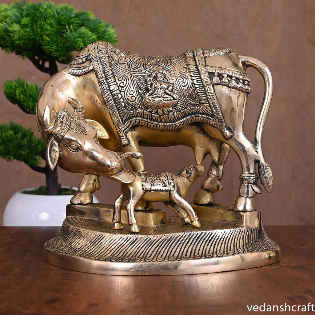 Brass Kamdhenu Cow With Calf Idol (8.5 Inch) Vedansh Craft