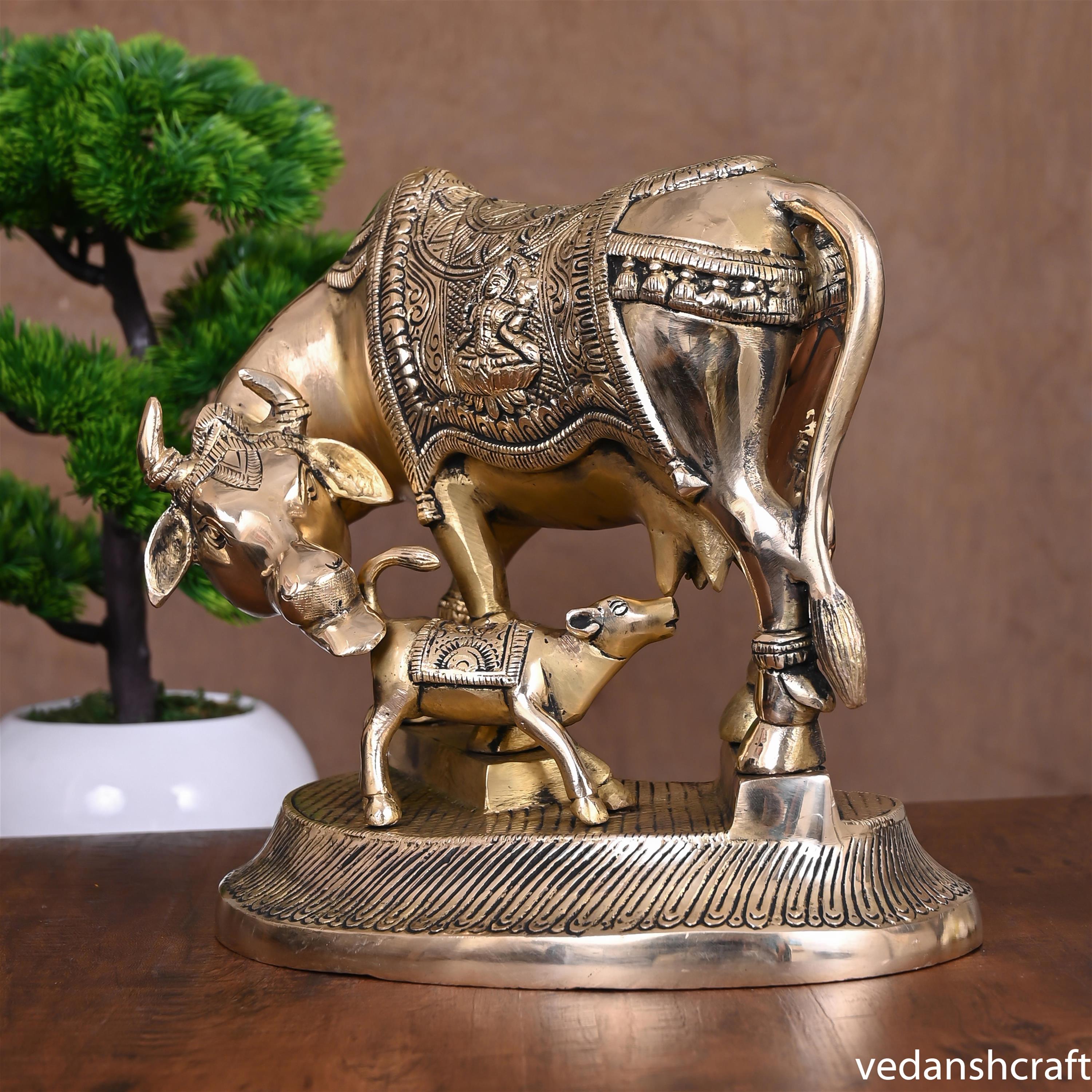 Brass Kamdhenu Cow With Calf Idol (8.5 Inch) Vedansh Craft