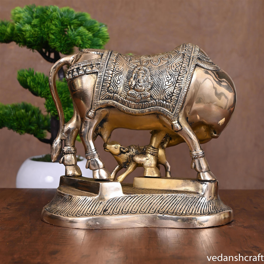 Brass Kamdhenu Cow With Calf Idol (8.5 Inch) Vedansh Craft