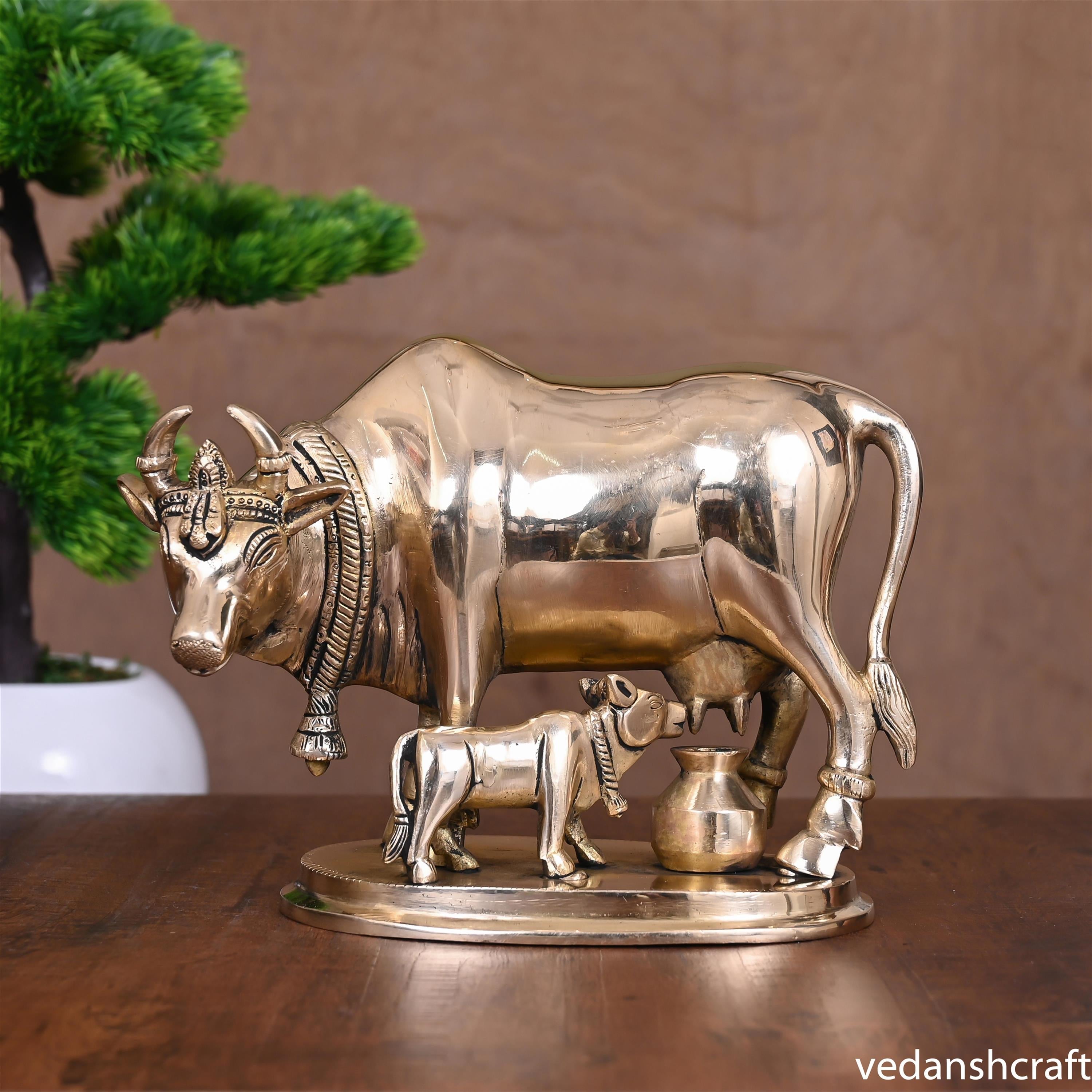 Brass Kamdhenu Cow With Calf Idol (6 Inch) Vedansh Craft