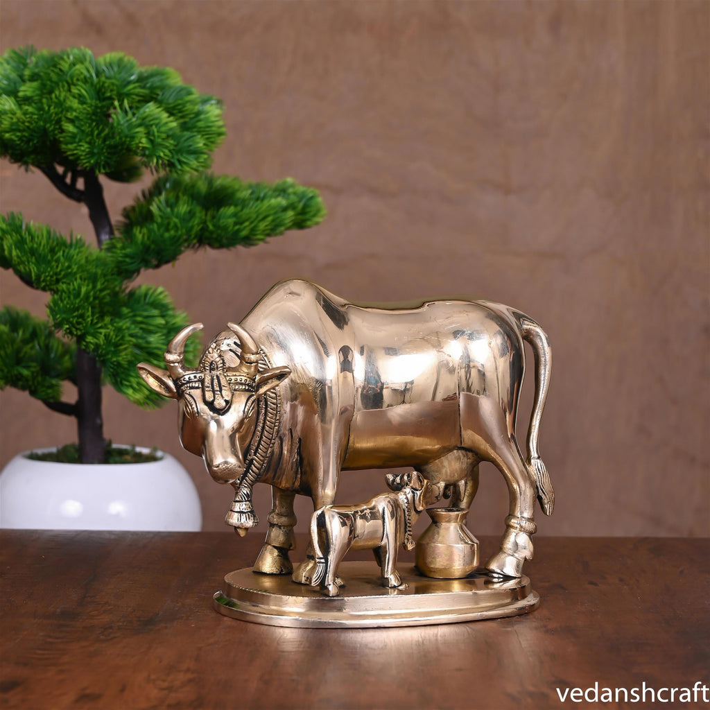 Brass Kamdhenu Cow With Calf Idol (6 Inch) Vedansh Craft