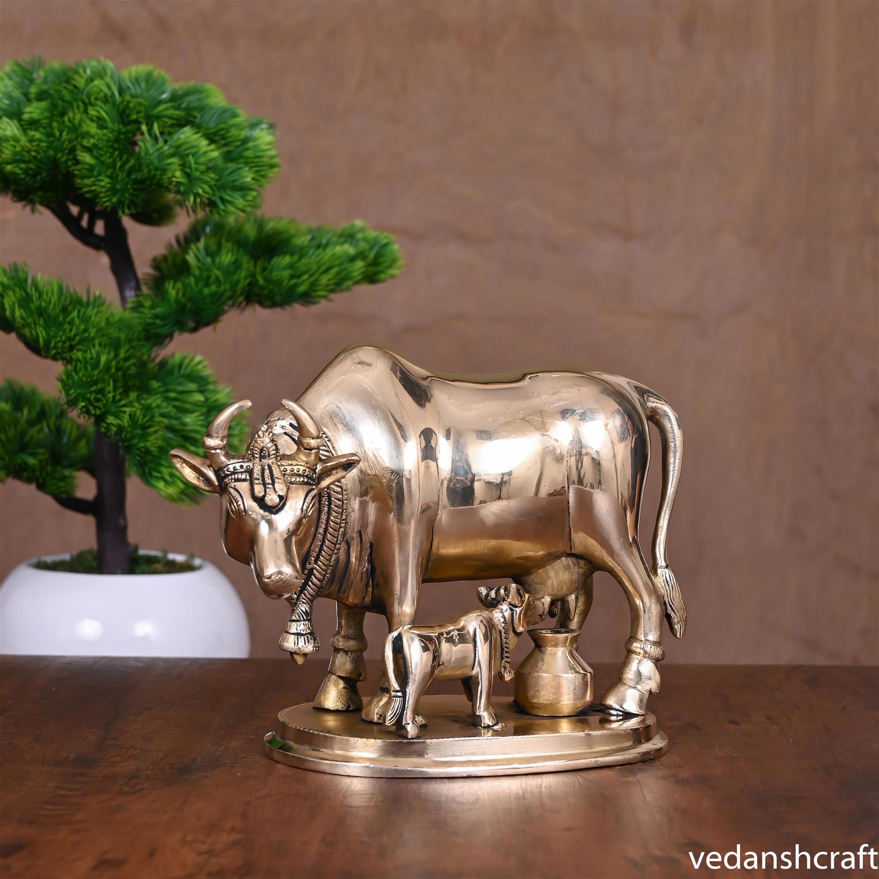 Brass Kamdhenu Cow With Calf Idol (6 Inch) Vedansh Craft