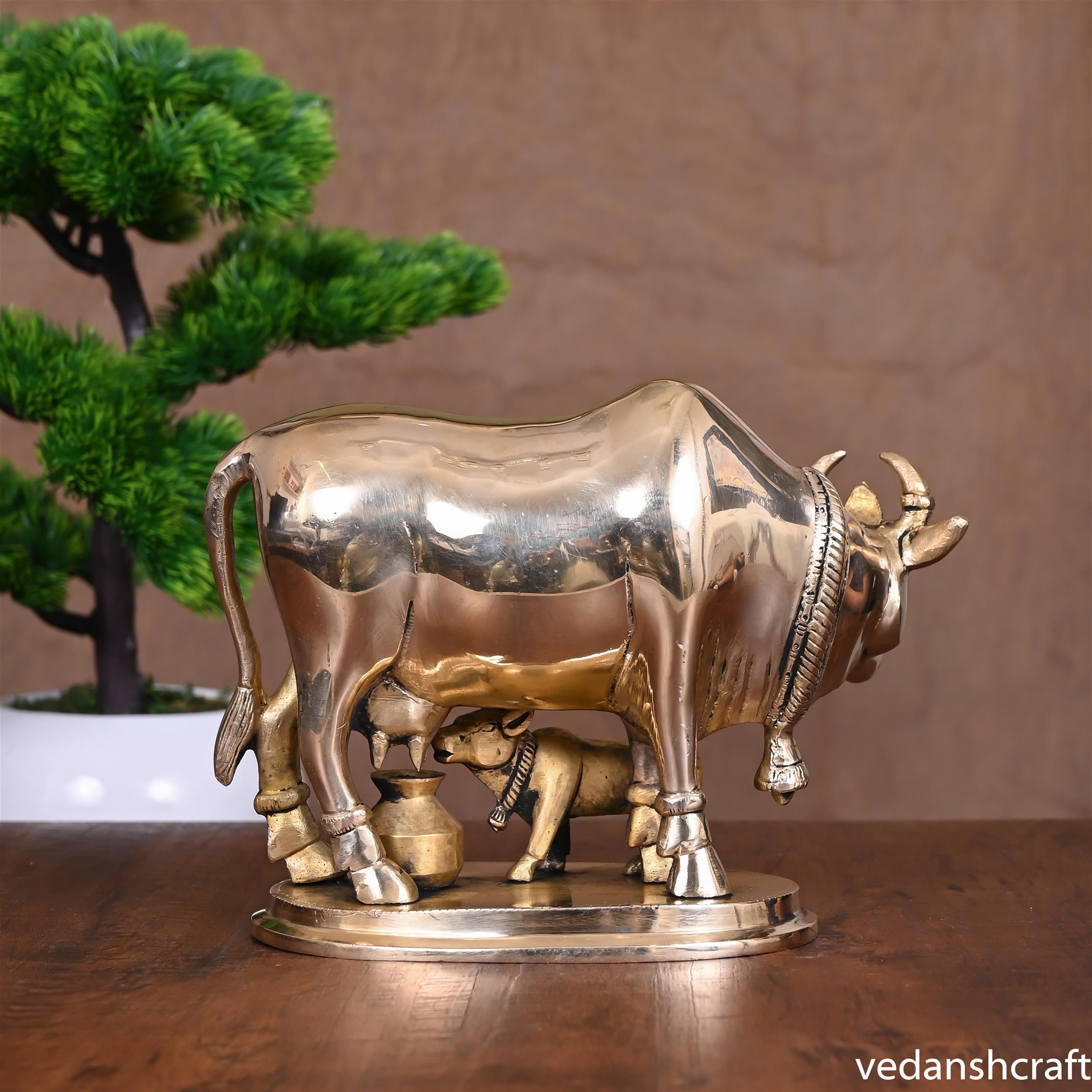 Brass Kamdhenu Cow With Calf Idol (6 Inch) Vedansh Craft