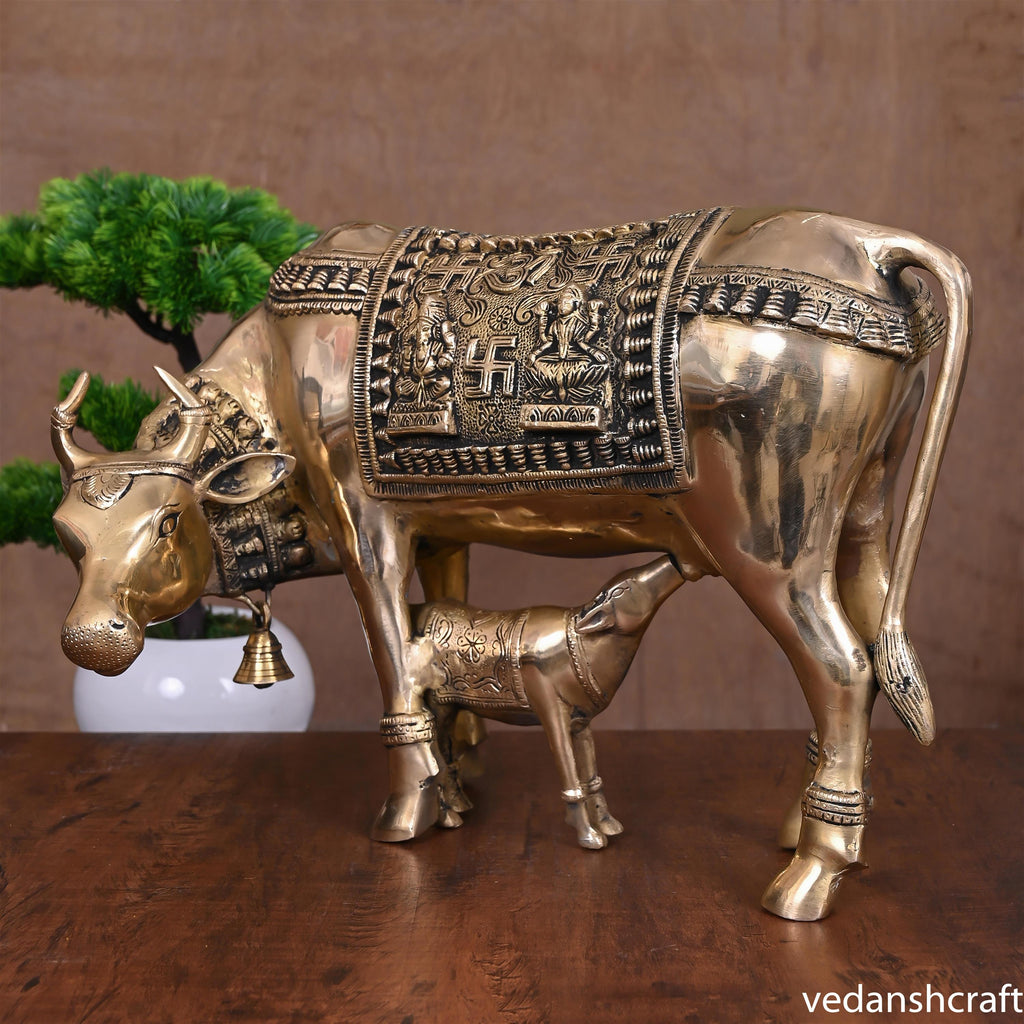 Brass Kamdhenu Cow With Calf Idol (11.5 Inch) Vedansh Craft
