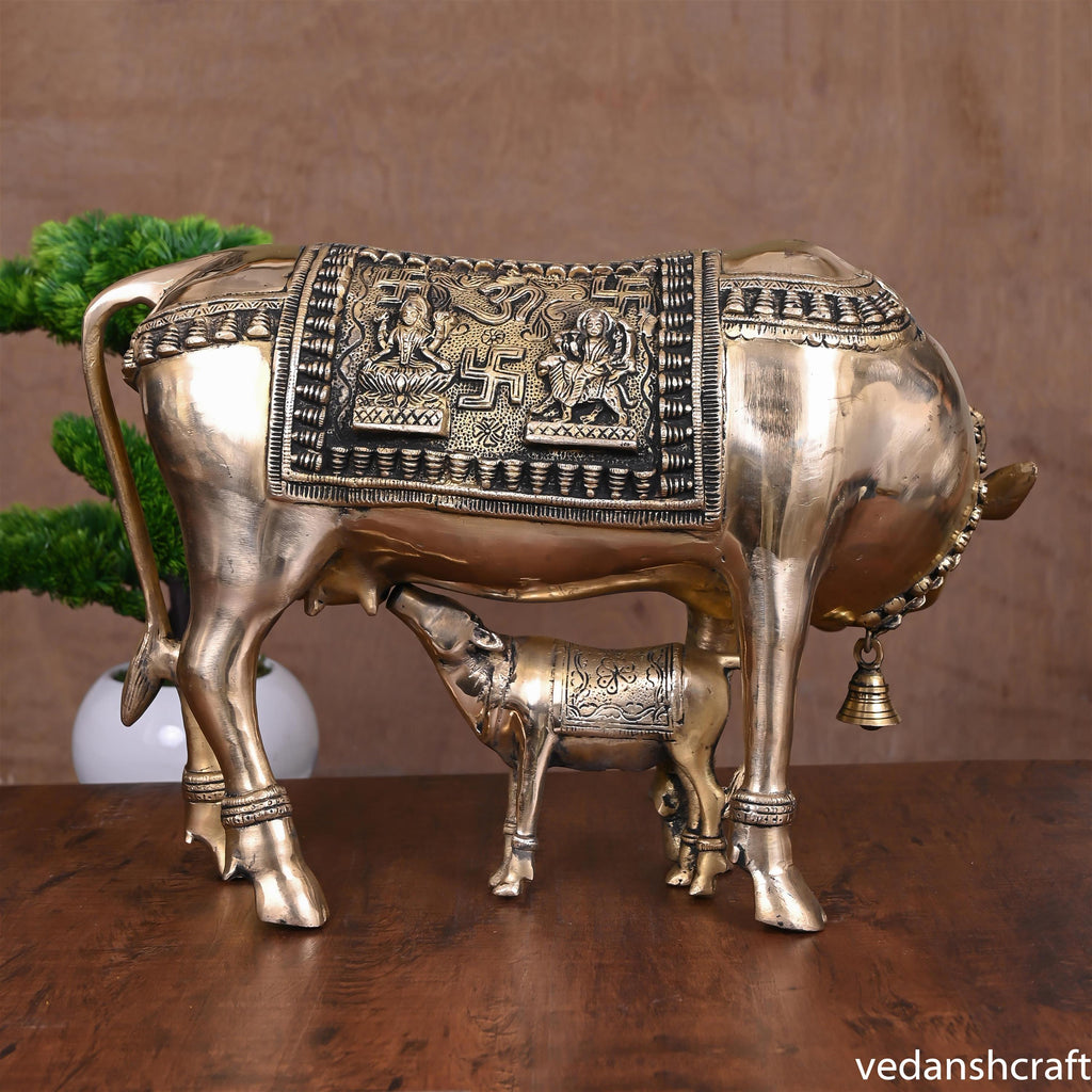 Brass Kamdhenu Cow With Calf Idol (11.5 Inch) Vedansh Craft