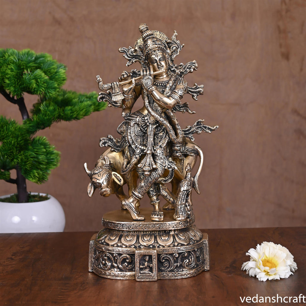 Brass Standing Lord Krishna With Cow Idol (12") Vedansh Craft