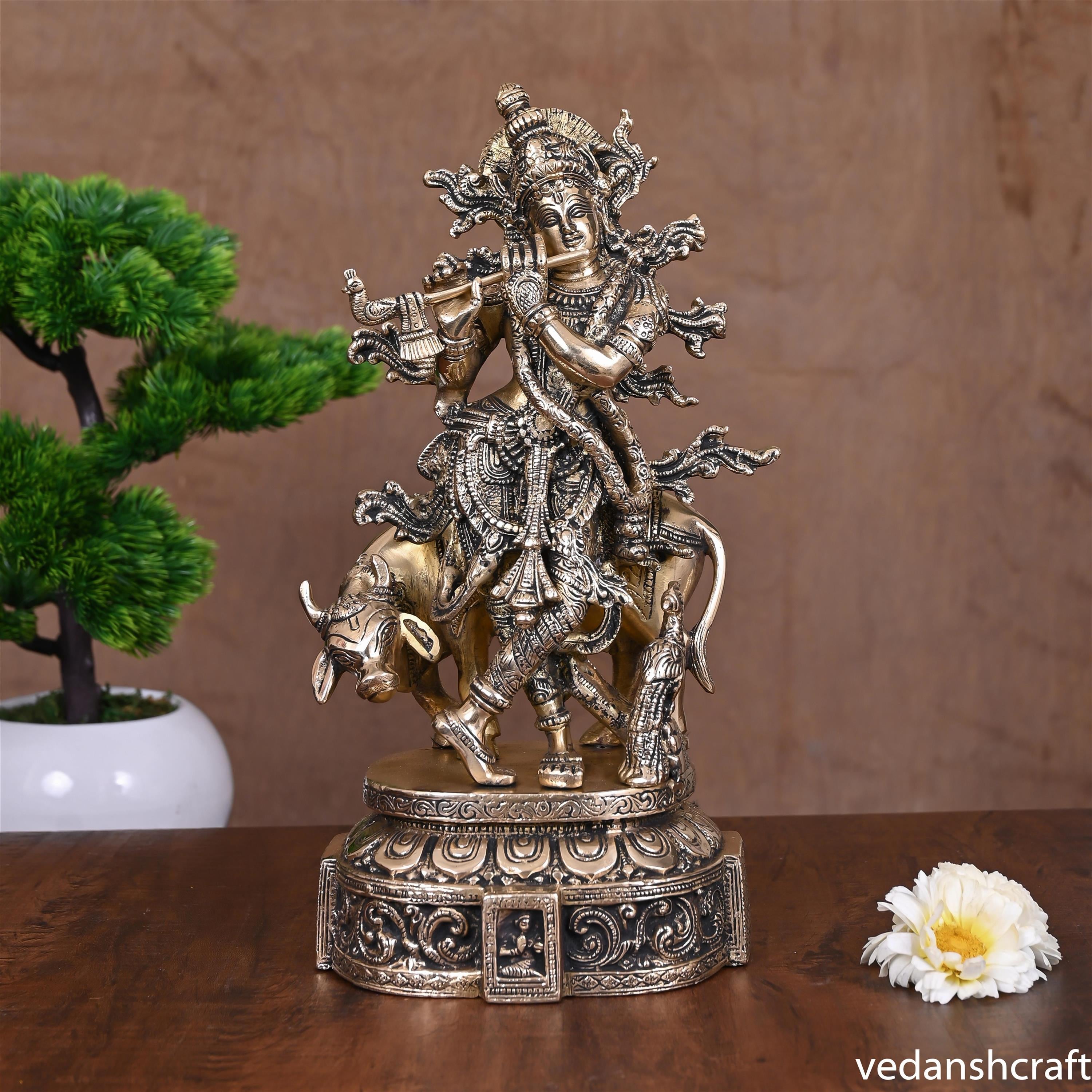 Brass Standing Lord Krishna With Cow Idol (12") Vedansh Craft