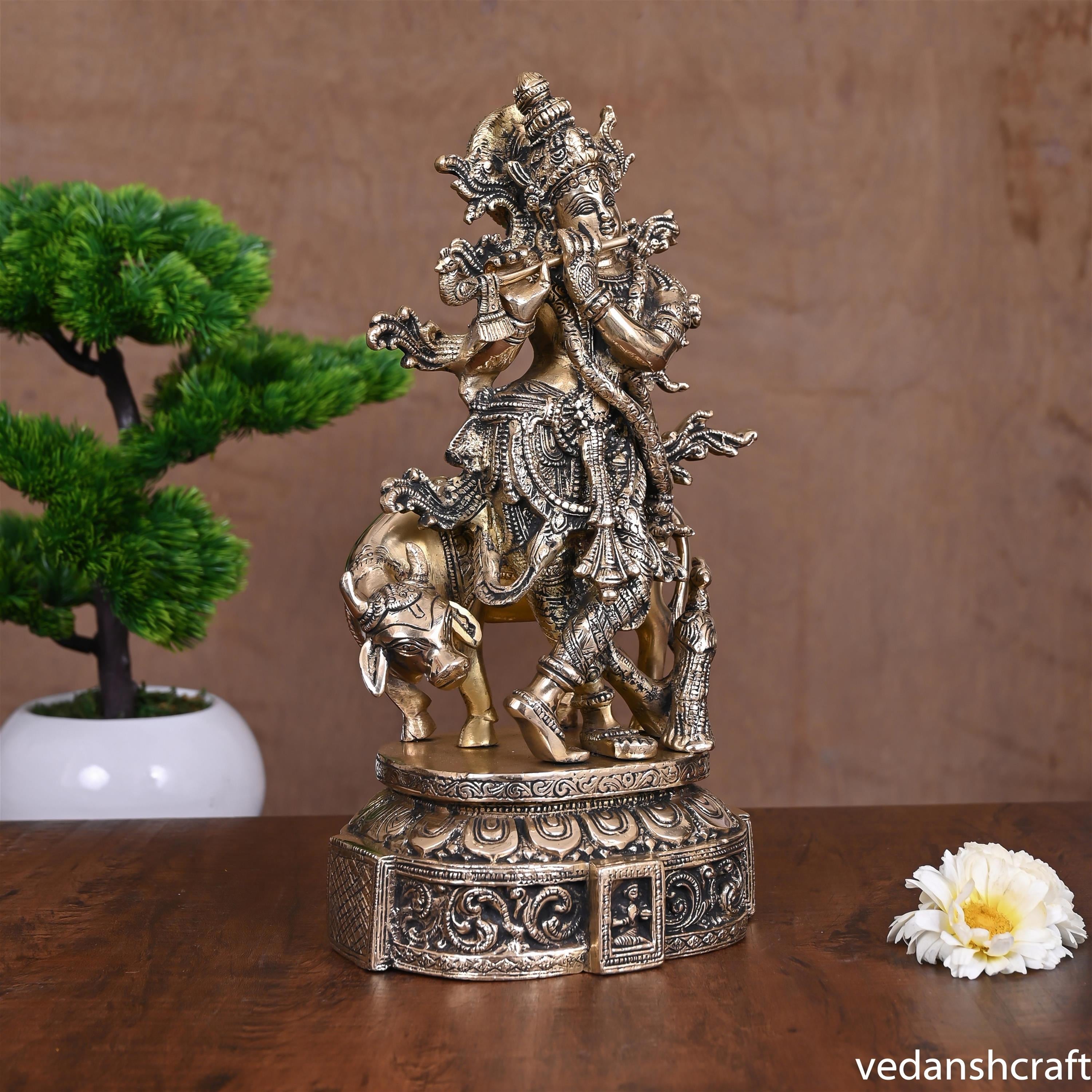Brass Standing Lord Krishna With Cow Idol (12") Vedansh Craft