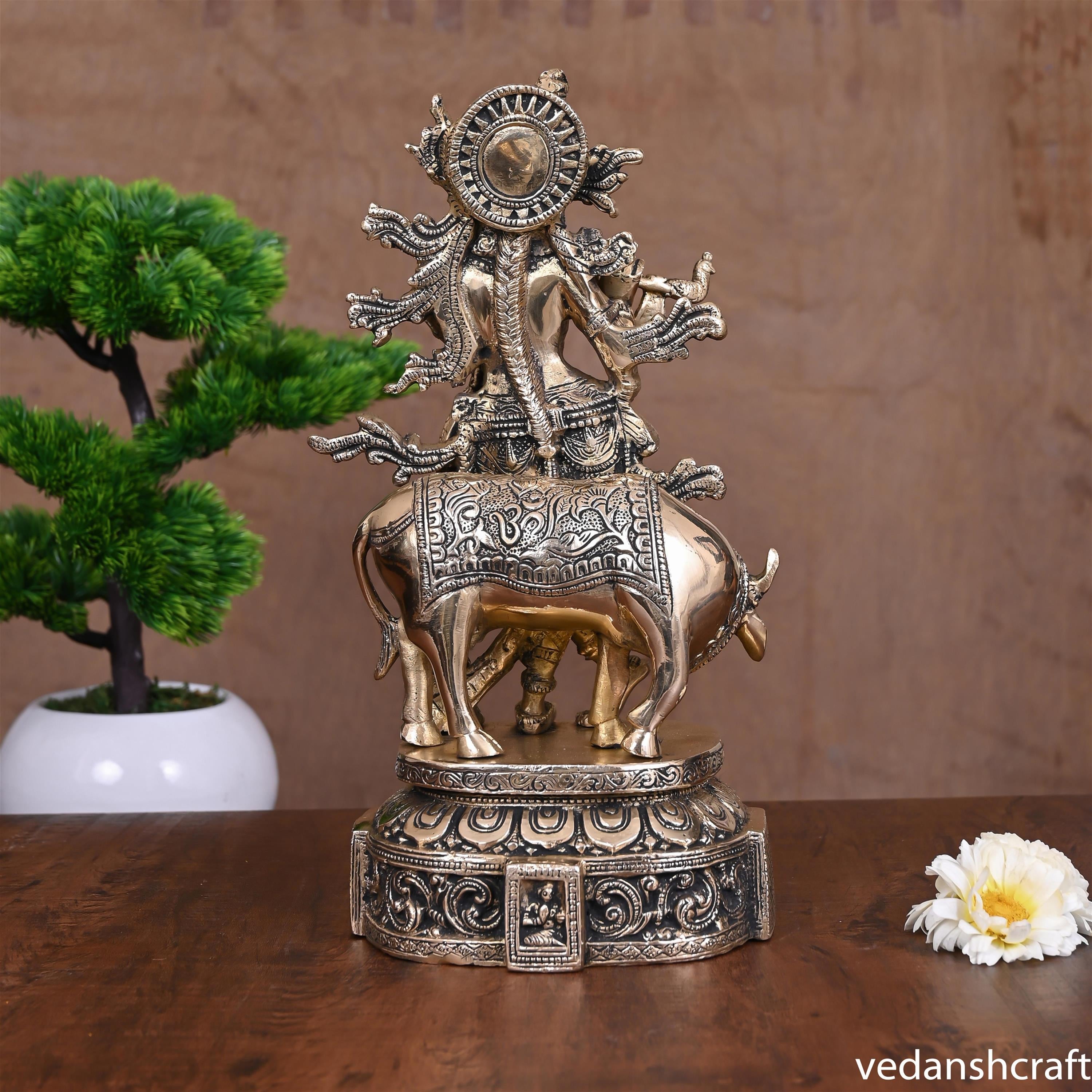 Brass Standing Lord Krishna With Cow Idol (12") Vedansh Craft
