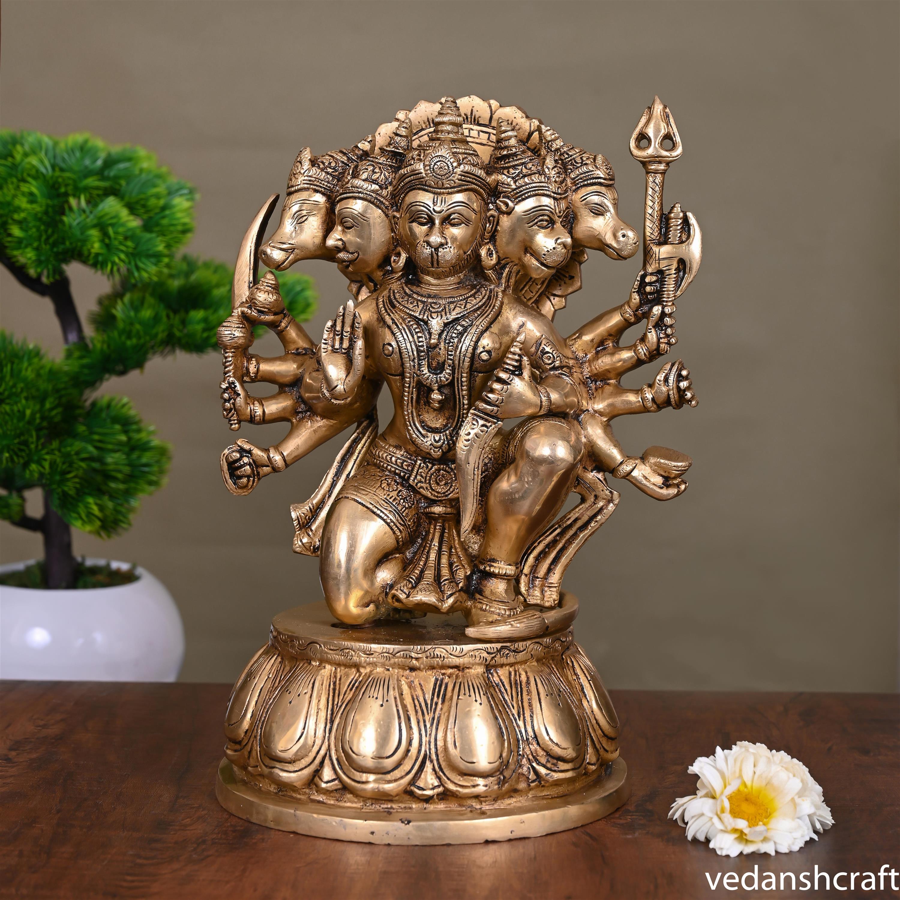 Brass Superfine Sitting Panchmukhi Hanuman Idol (12.2 Inch) Vedansh Craft