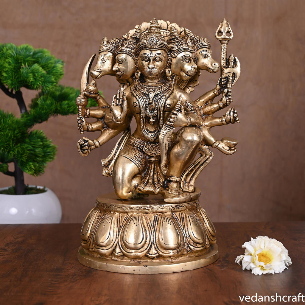 Brass Superfine Sitting Panchmukhi Hanuman Idol (12.2 Inch) Vedansh Craft