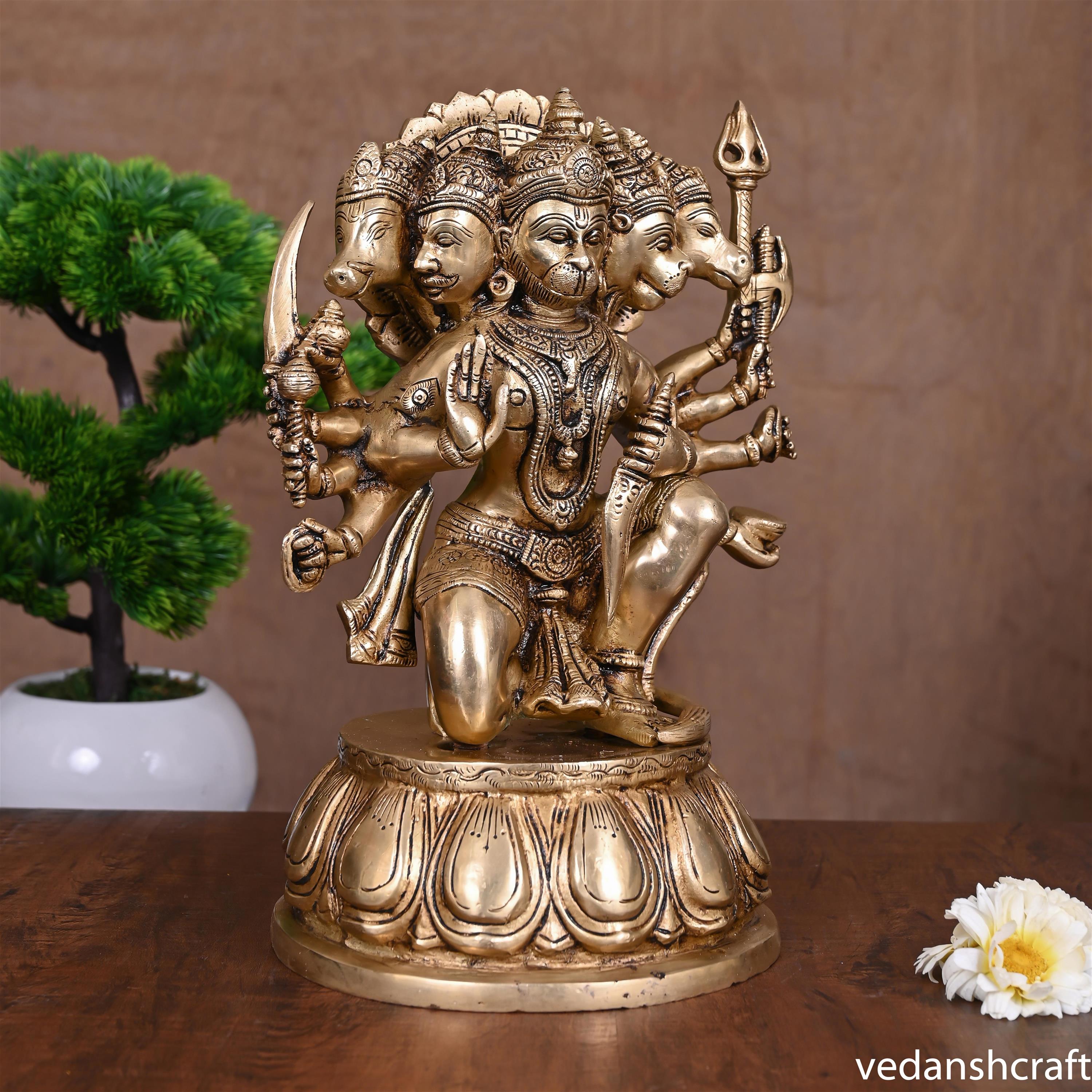 Brass Superfine Sitting Panchmukhi Hanuman Idol (12.2 Inch) Vedansh Craft