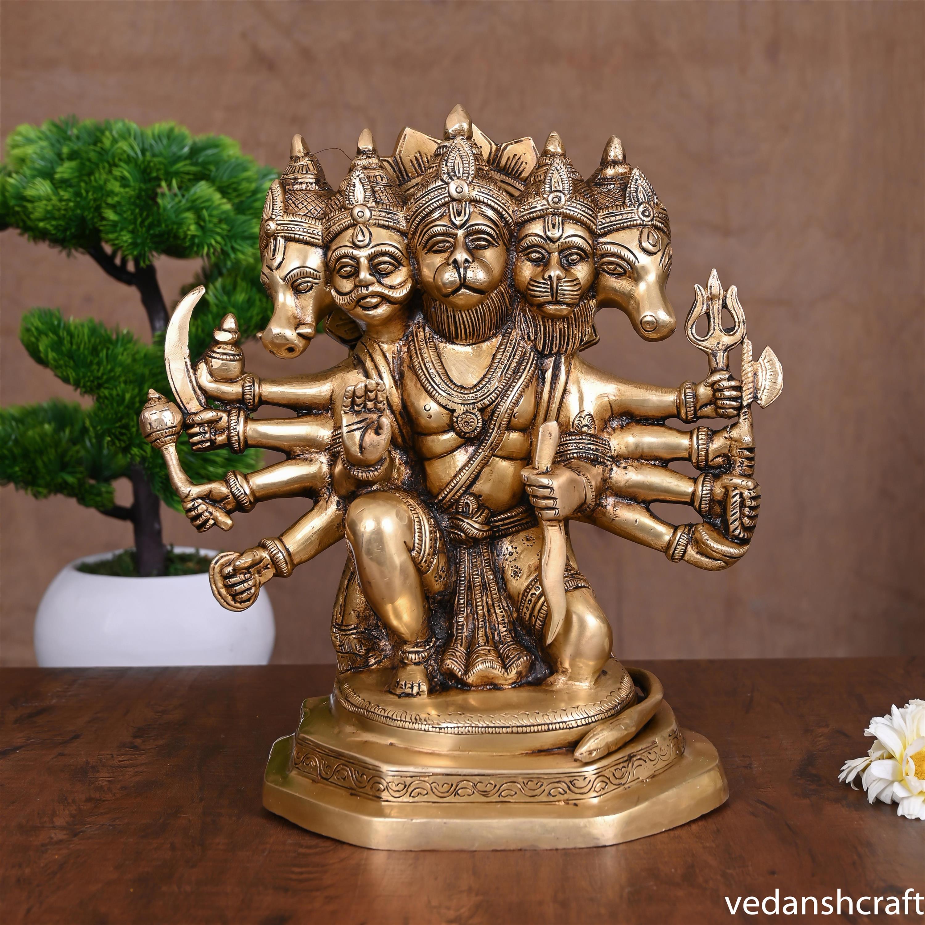 Brass Superfine Sitting Panchmukhi Hanuman Idol (11 Inch) Vedansh Craft
