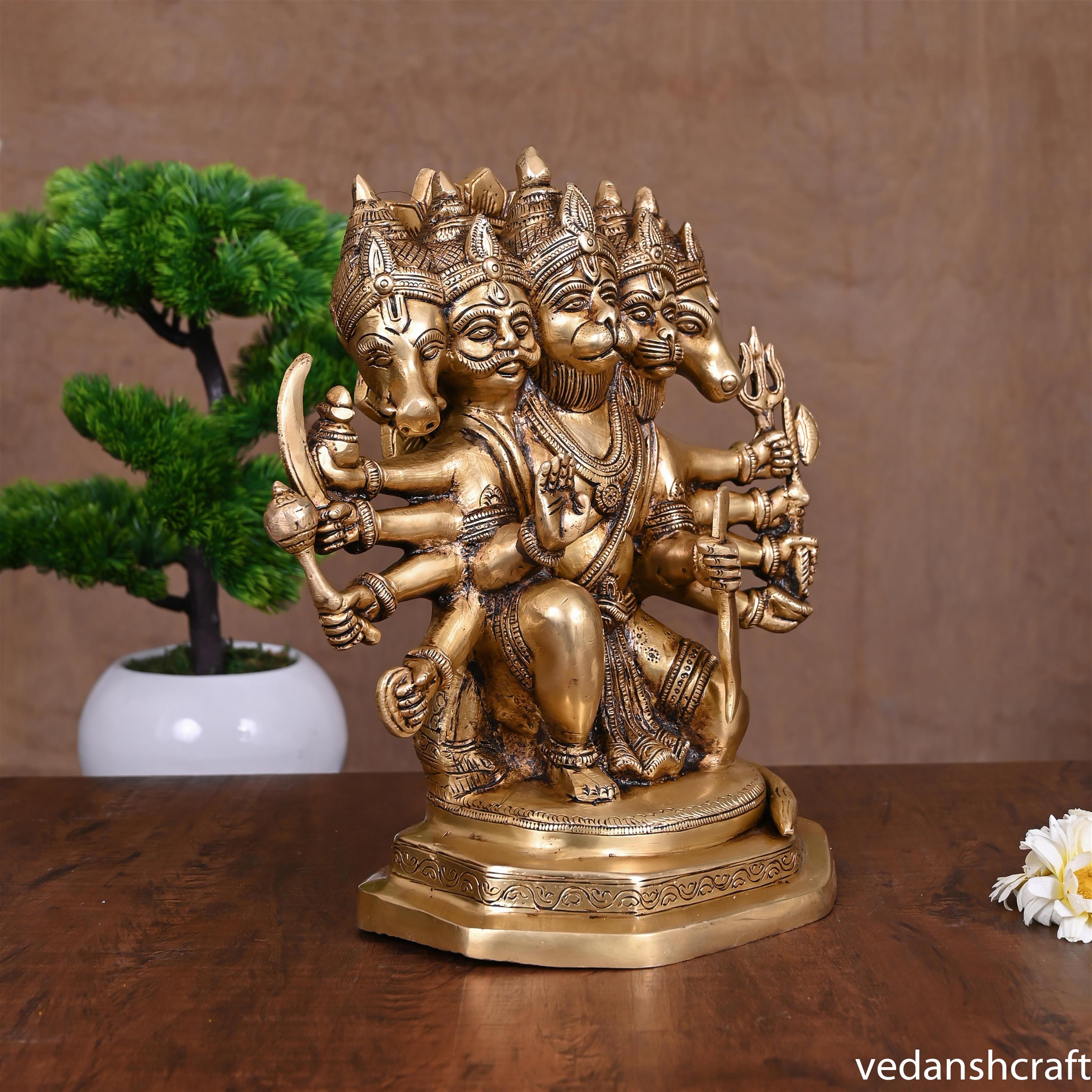 Brass Superfine Sitting Panchmukhi Hanuman Idol (11 Inch) Vedansh Craft