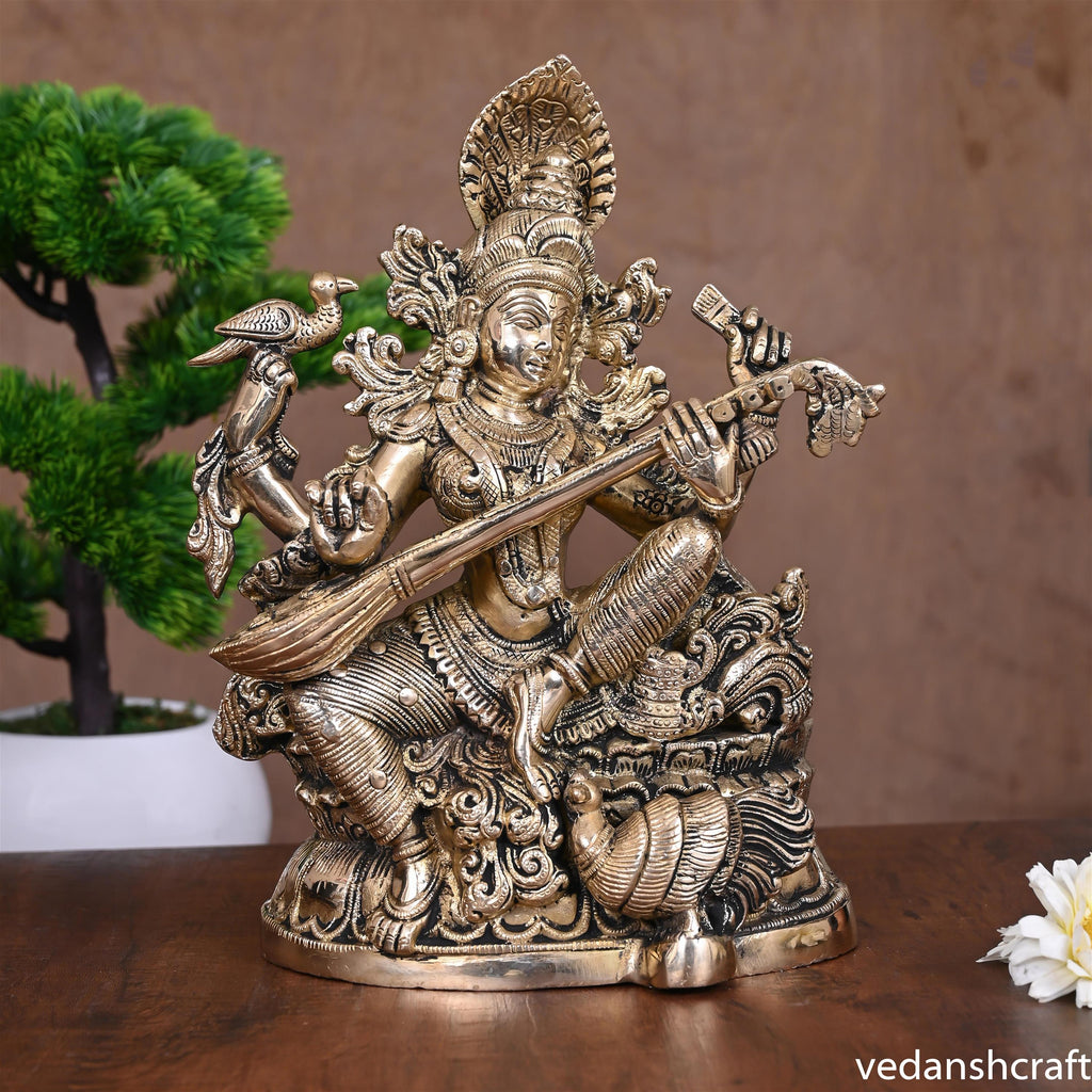 BRASS GODDESS SITTING SARASWATI IDOL (11") Vedansh Craft