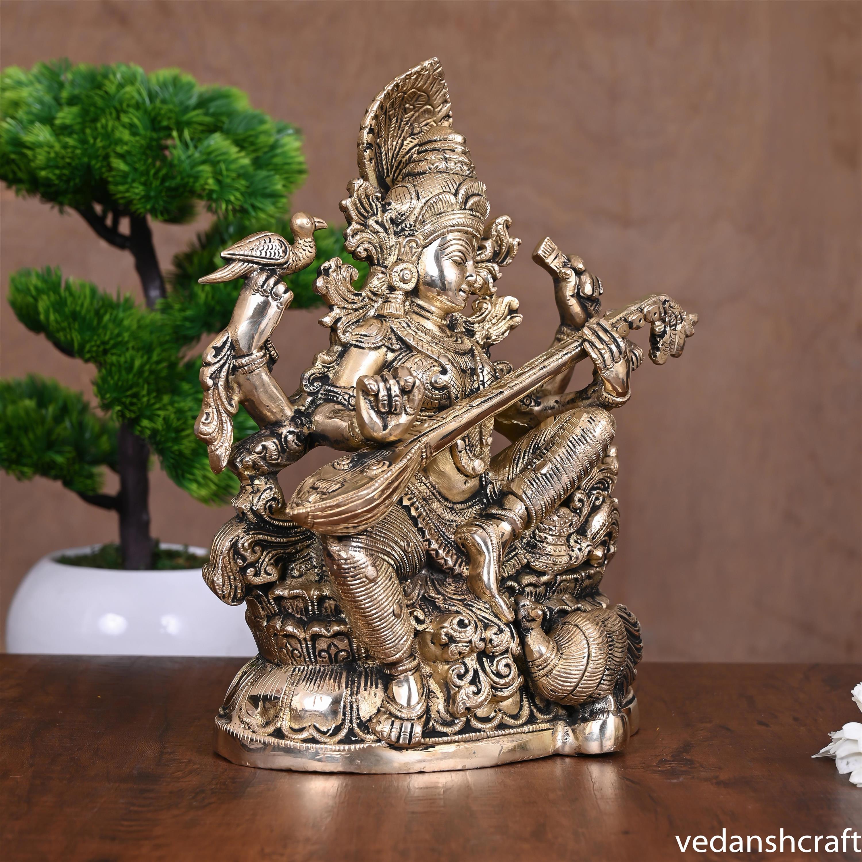 BRASS GODDESS SITTING SARASWATI IDOL (11") Vedansh Craft