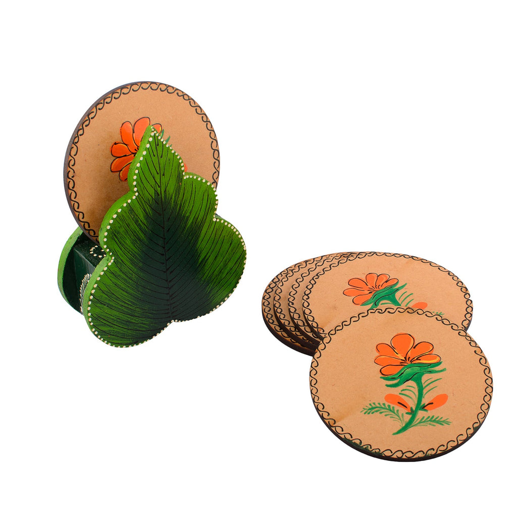 Floral Design Wooden Tea Coasters(Set of 6) Kafalo