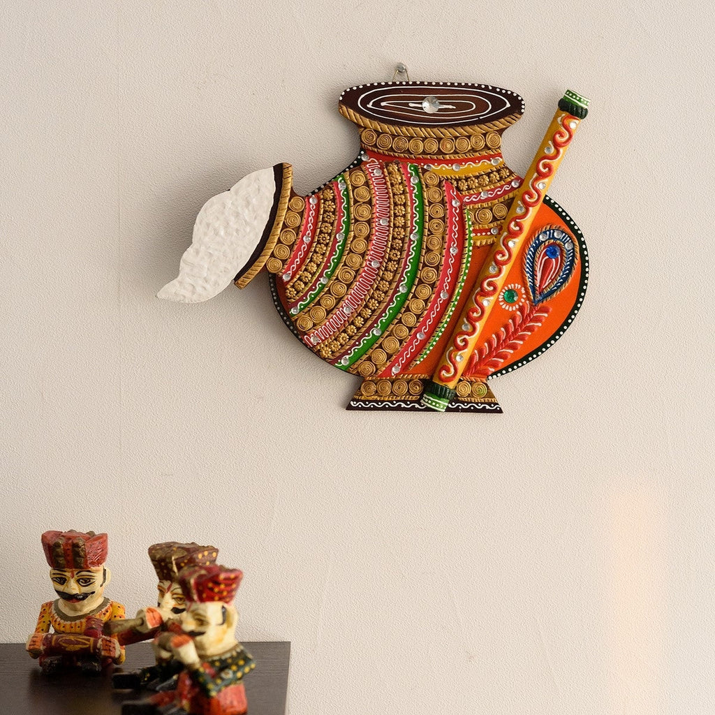 Makhan Matki Shape Papier-Mache Wooden Wall Hanging Kafalo